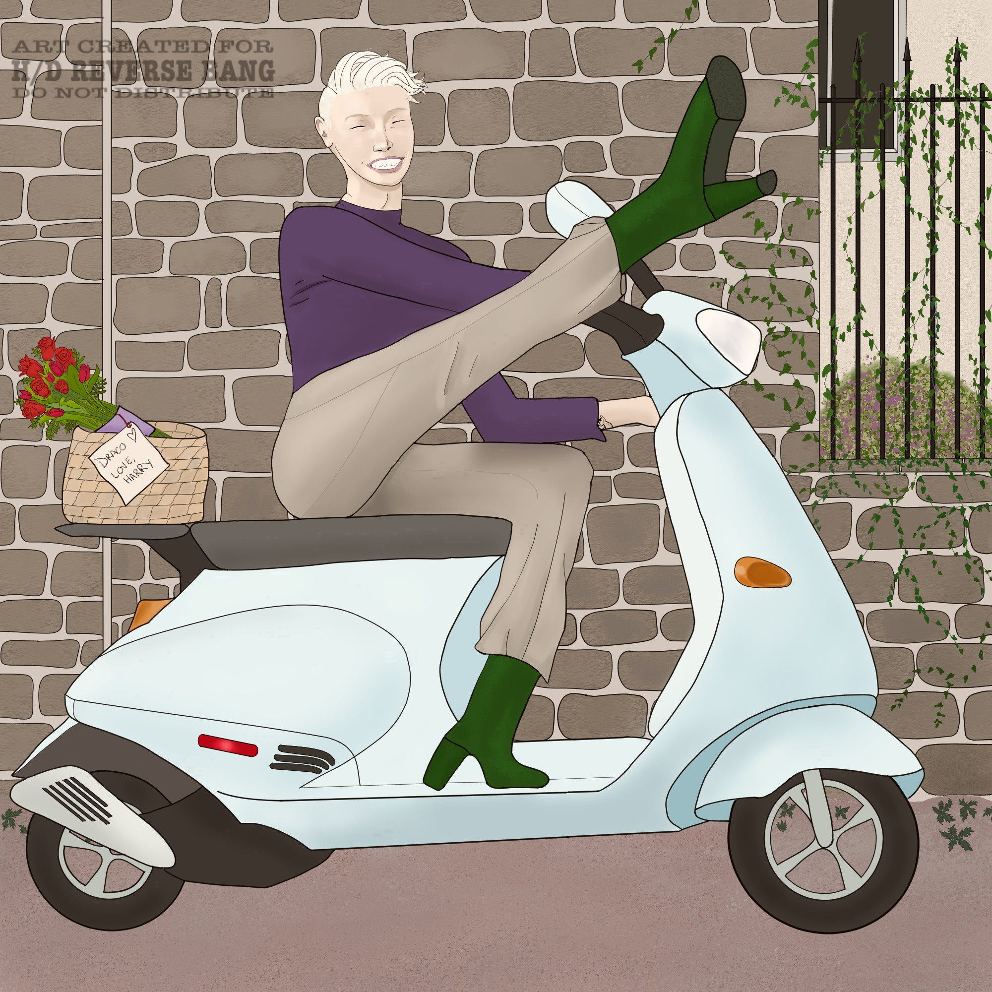 Digital art of Draco Malfoy sitting on a light blue moped, one leg resting up on the handle bars. He is wearing a purple turtleneck shirt, tan pants, and green high-heeled boots. There's a basket behind him on the moped that contains red roses. A note is tied to the flowers that reads Draco, Love, Harry