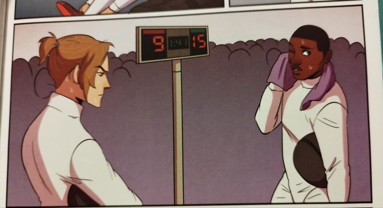 Aiden and Harvard stand in front of the scoreboard, showing 9 points to Aiden and 15 to Harvard. Aiden is frowning and looking down, and has a couple of beads of sweat on his neck. Harvard is sweating more obviously and wiping his face with a towel around his neck, one eye squinched shut. His helmet is under his arm.