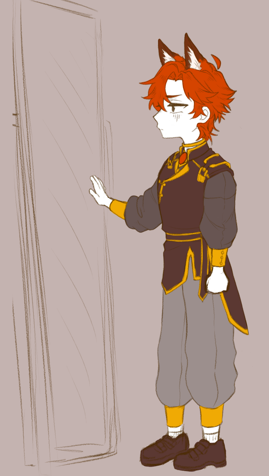 Rock looking at his 10 year old self with fox ears in the mirror after Ron dresses him