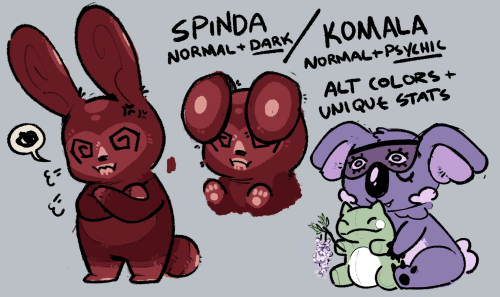 Spinda and Komala as they were initially designed, with coloration and adjustments.