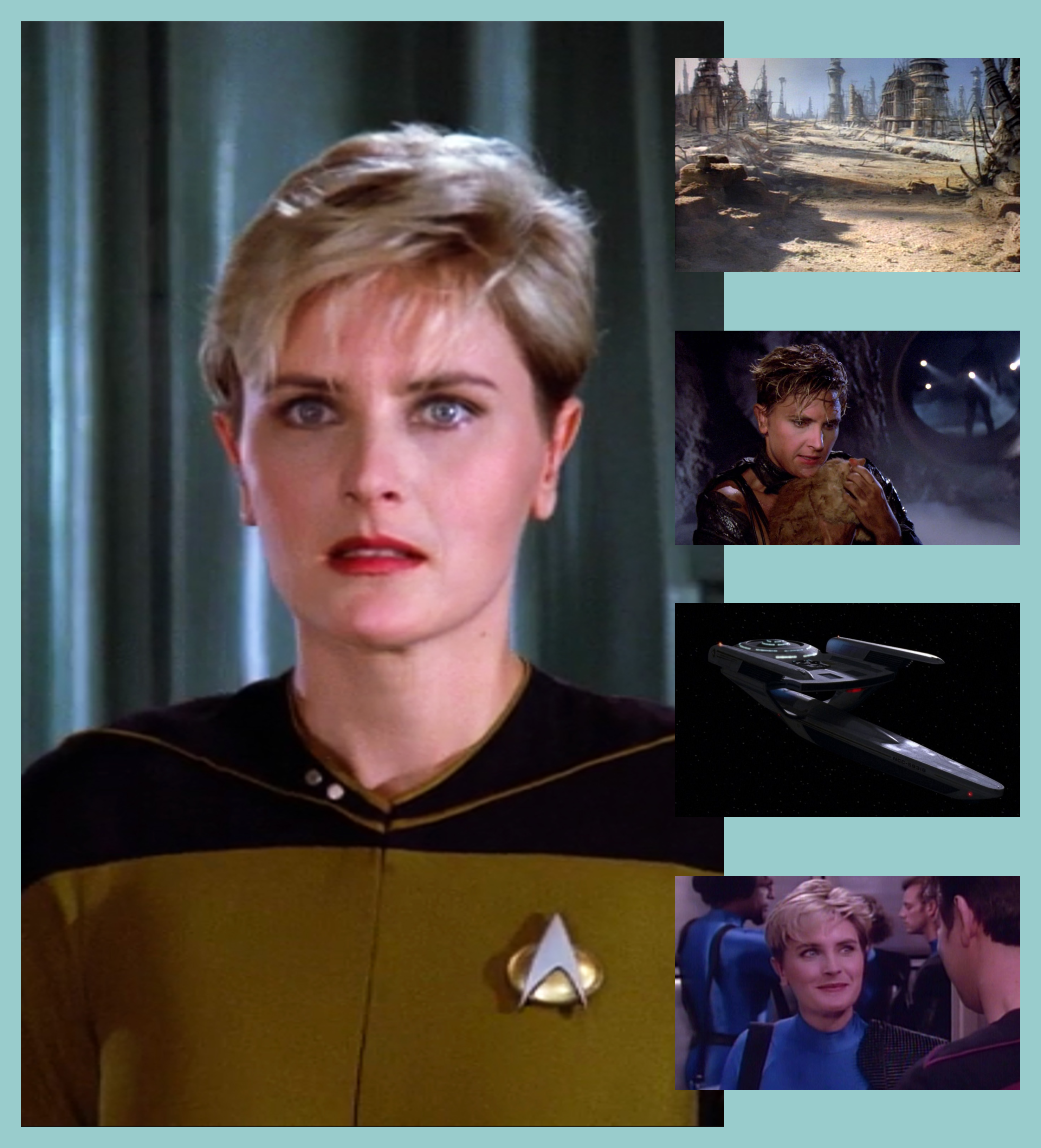 Various pictures of Tasha Yar, the USS Cochrane and Turkana IV.