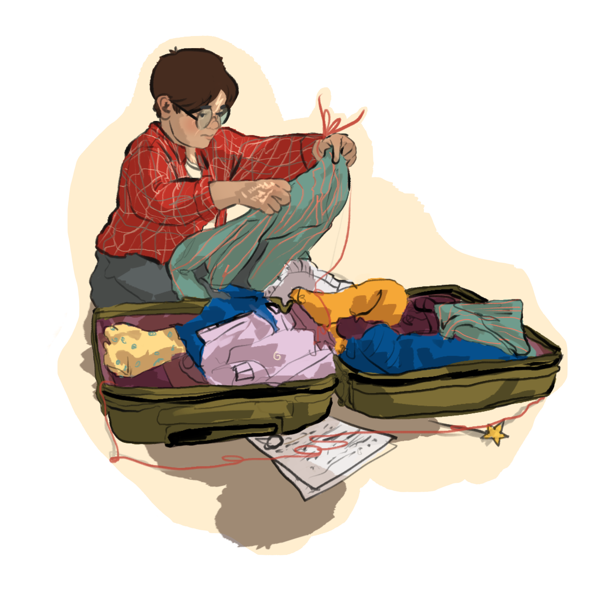 art showing Harry packing a suitcase full of clothes