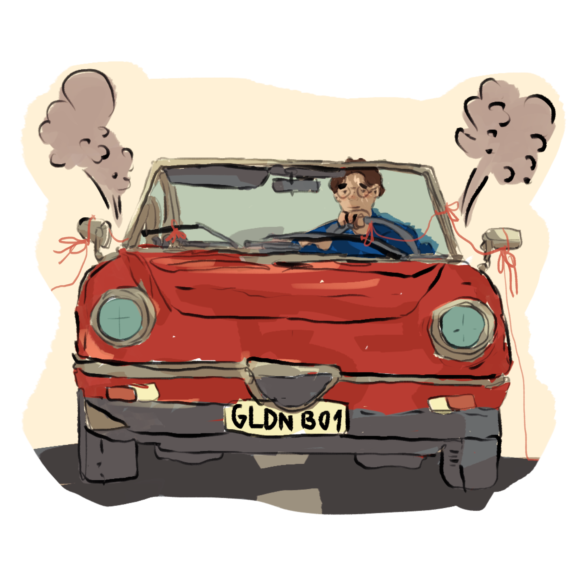 art showing Harry driving a red car with the numberplate GLDNBO1