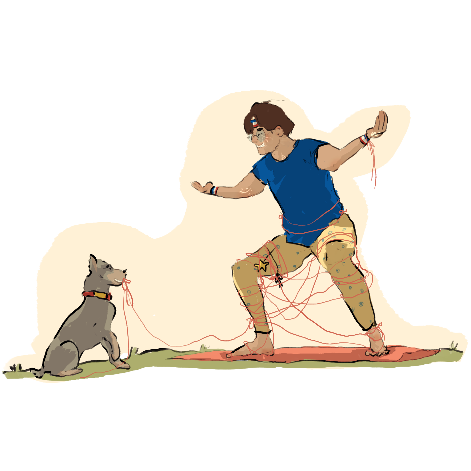 art showing Harry doing yoga in front of a curious grey dog
