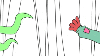 Gif of Pumkin's hand tentatively reaching towards one of Squib's tentacles. Squib's tentacle curves around and then fits into the little pocket on Pumkin's sleeve. Pumkin is startled. His fingers curl up, and then rest on Squib's tentacle.