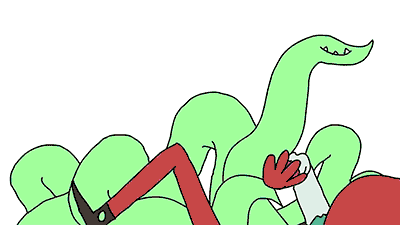 A gif of Squib and Pumkin from Baman Piderman. Pumkin, a humanoid pumpkin, sits up and is tickled by Squib, a mass of green tentacles, one of which has a smiling mouth with teeth. Pumkin playfully bats Squib away and then straightens his neckerchief. As he gets up, Squib blushes, and then pulls him back down and uses its mouth to plant a kiss on his cheek. Squib then vanishes. Pumkin slowly puts a hand to his face and blushes.