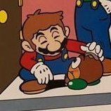 Mario leaning down to pat a goomba on the head, smiling kindly.