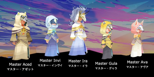 Image of the five foretellers. 1: Aced, who is bear-themed, wearing brown robes. 2: Invi, snake themed, wearing blue robes. 3: Ira, unicorn themed, wearing white. 4: Gula, leopard themed, in yellow. 5: Ava, fox themed, wearing pink robes.