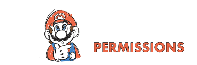 Image of Mario making a thinking face. The word permissions is written in all-caps next to him, in the same red as his signature color.
