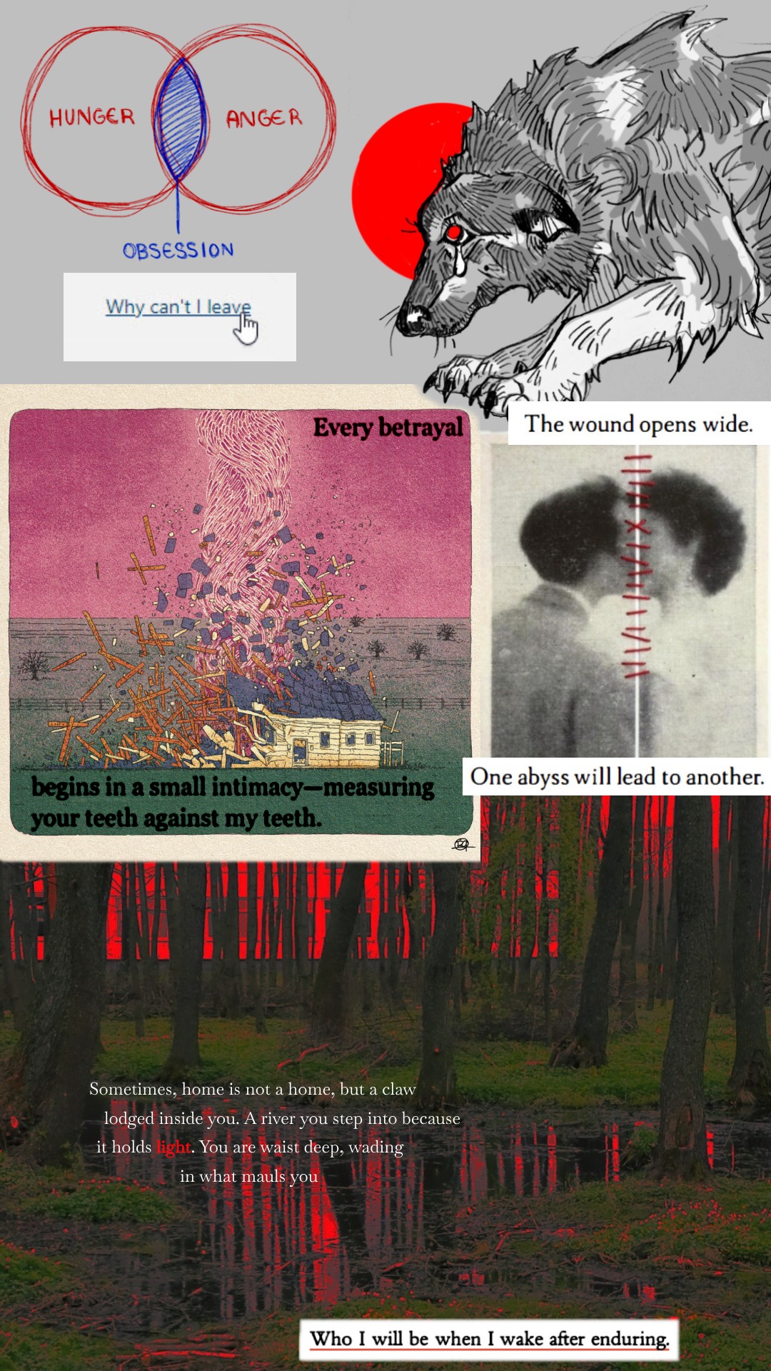 A collage of images and text. On a grey background, a venn diagram of hunger and anger, both in red. Where the circles overlap is shaded blue and labeled obsession. A drawing of a cowering dog, in shades of grey. There is a single tear from it's red eye. The background is grey with a red circle behind the dog's head. Underlined, blue text: "Why can't I leave". At the end of the text is a pointer, shaped like a hand with the index finger extended. A drawing of a house in a field, halfway through being torn apart by a tornado. The sky is pink. Overlayed on this is text. In the upper right corner: "Every betrayal". In the bottom left corner: "begins with a small intimacy—measuring / your teeth against my teeth." A photography of a man and woman kissing that has been cut in half where their mouths meet and messily stitched together with red thread. Over this is text on the top and bottom: "The wound opens wide. / One abyss will lead to another." A picture of trees, where we can only see the trunks and the grass with a body of water. It stands in front of a building that is highlighted red. The color red is saturated, creating an omnious atmosphere. Over this image, mid-left, is white text: "Sometimes, home is not a home, but a claw / lodged inside you. A river you step into because / it holds light. You are waist deep, wading / in what mauls you" The word "light" is bold and red so that it's difficult to read. Finally, in the bottom right, is black text underlined red and in a white box: "Who will I be when I wake after enduring."