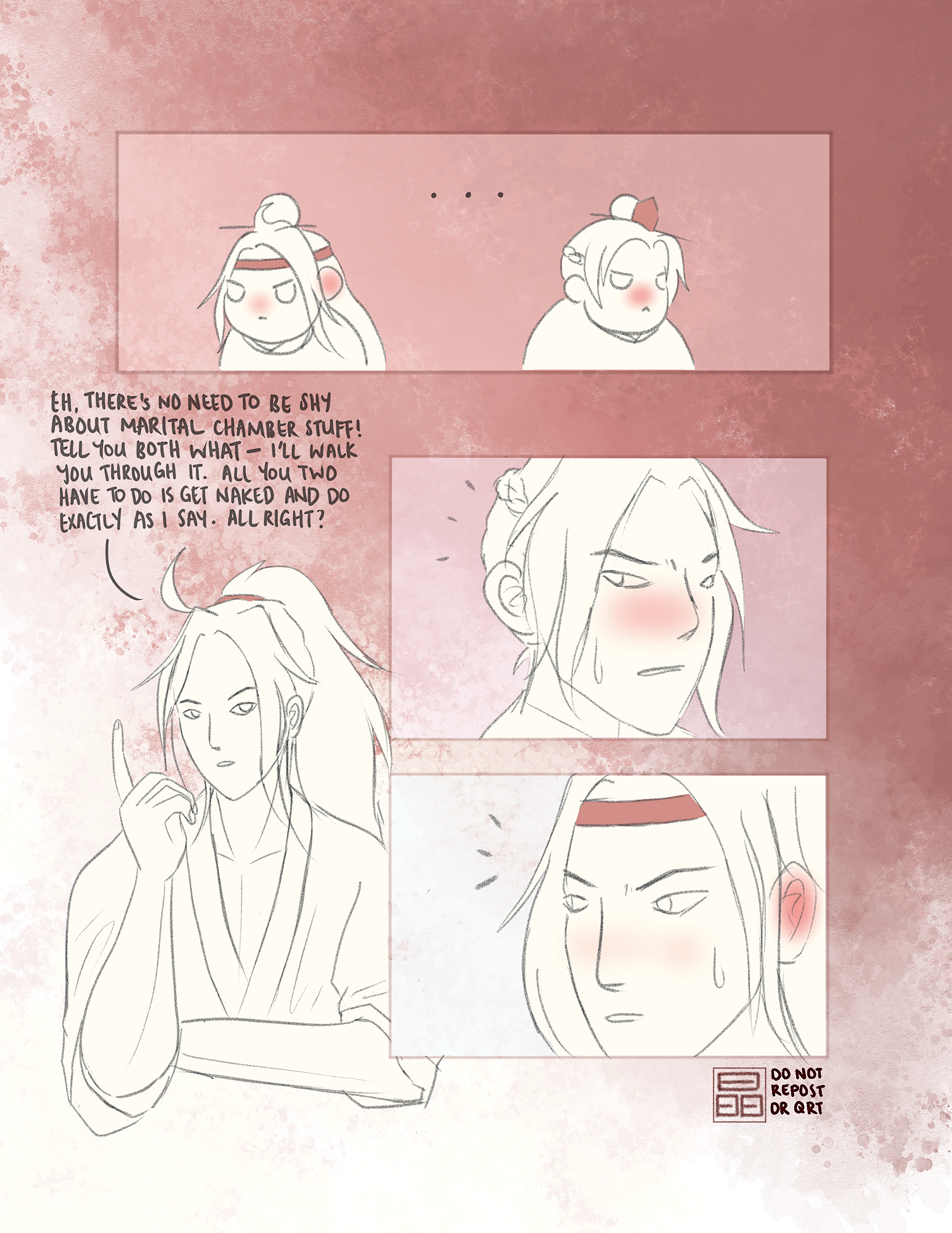 Wei Wuxian: Eh, there's no need to be shy about marital chamber stuff! Tell you both what - I'll walk you through it. All you two have to do is get naked and do exactly as I say. All right?