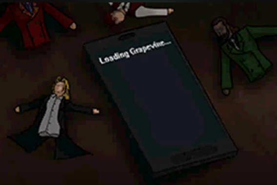   Screenshot from the fangame "Phoenix Wright: Ace Attorney: The Contempt of Court". Four finger puppets are scattered around a smartphone laying on a wooden table in a dark room. The phone's screen is black save for white text reading: "Loading Grapevine...".