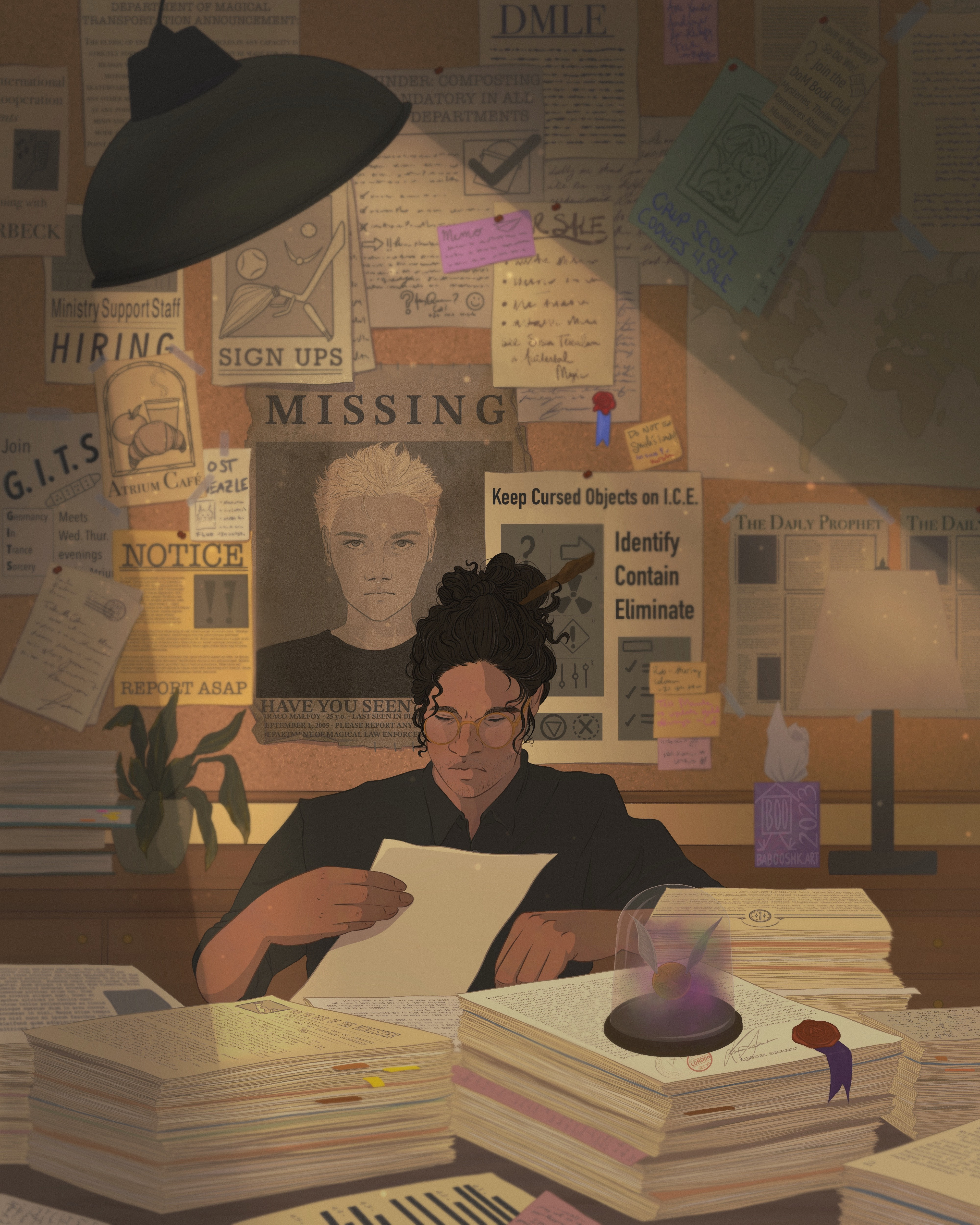 Harry sits at a crowded, cluttered office desk in low light. He is working through stacks of papers. Behind him is a large bulletin board, full of notices. Directly behind his shoulder is a worn missing person poster of a young Draco.