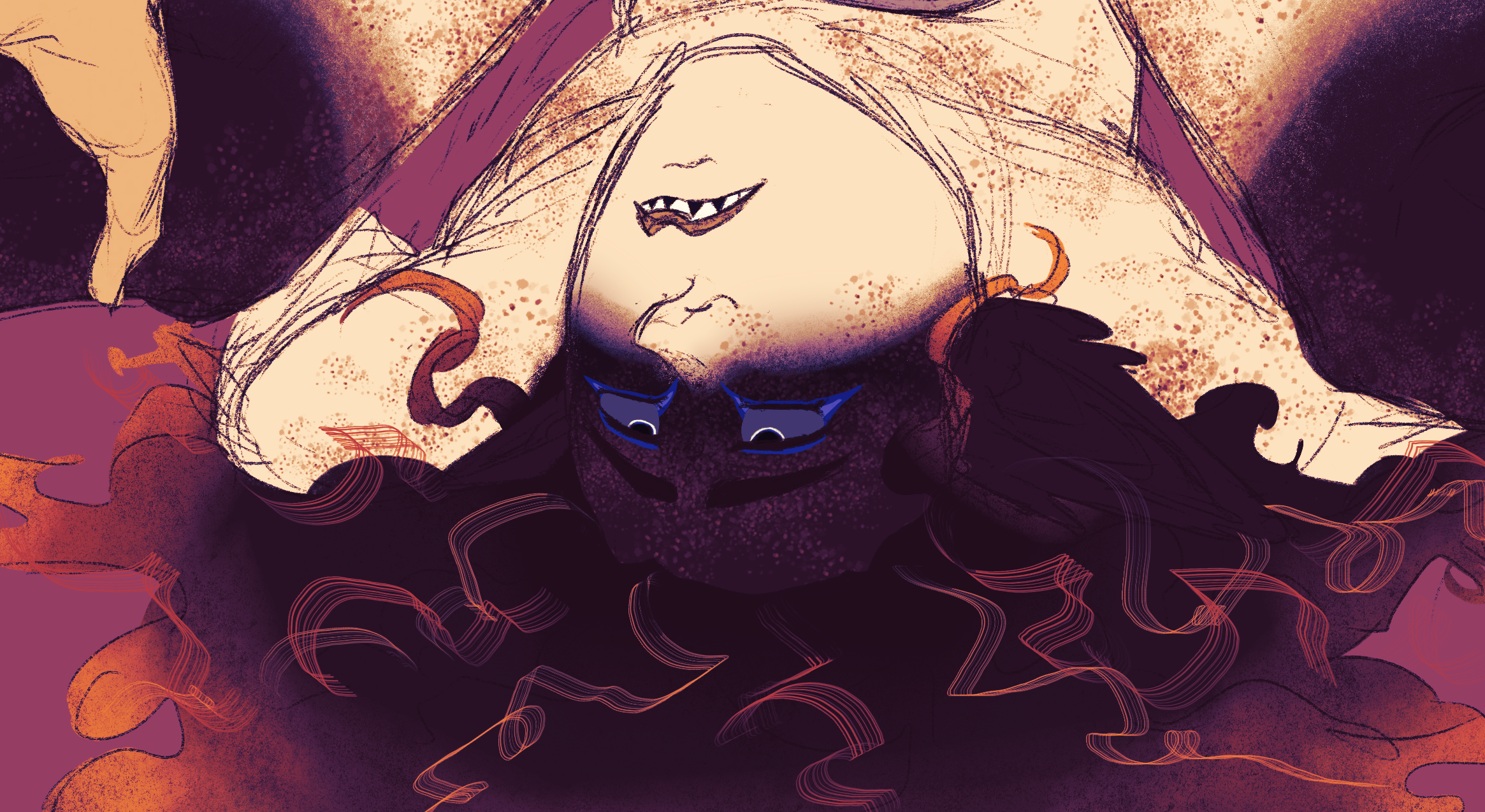 Its eyes are open again, vaguely cross-eyed and dazed, cheeks flushed and mouth hanging slightly open.