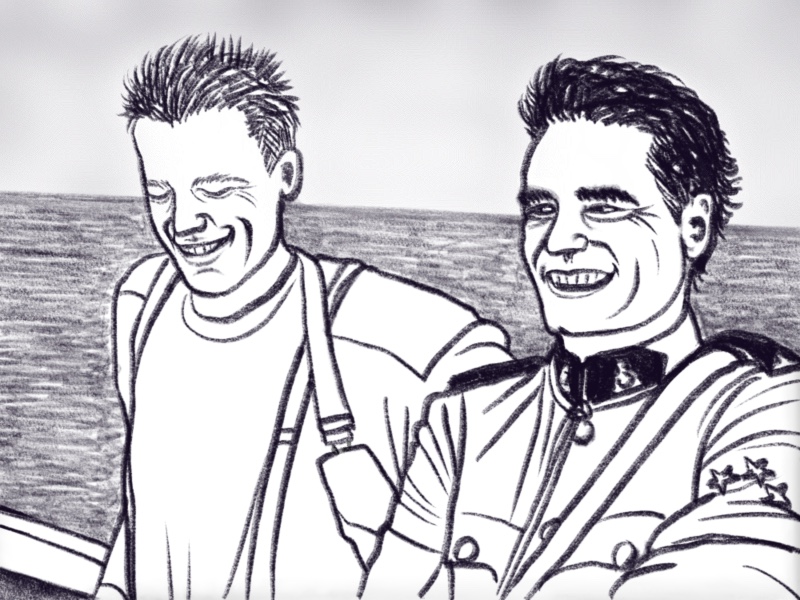 Black and white drawing of Ray and Fraser, windswept, leaning back on a ship's rail, laughing.