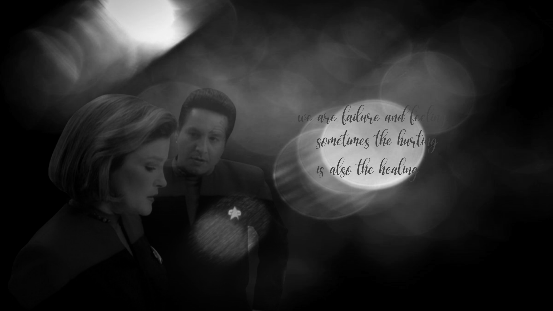 Kathryn and Chakotay looking fragile staring past each other in Equinox against a greyscale bokeh lights background we are failure and feeling sometimes the hurting is also the healing