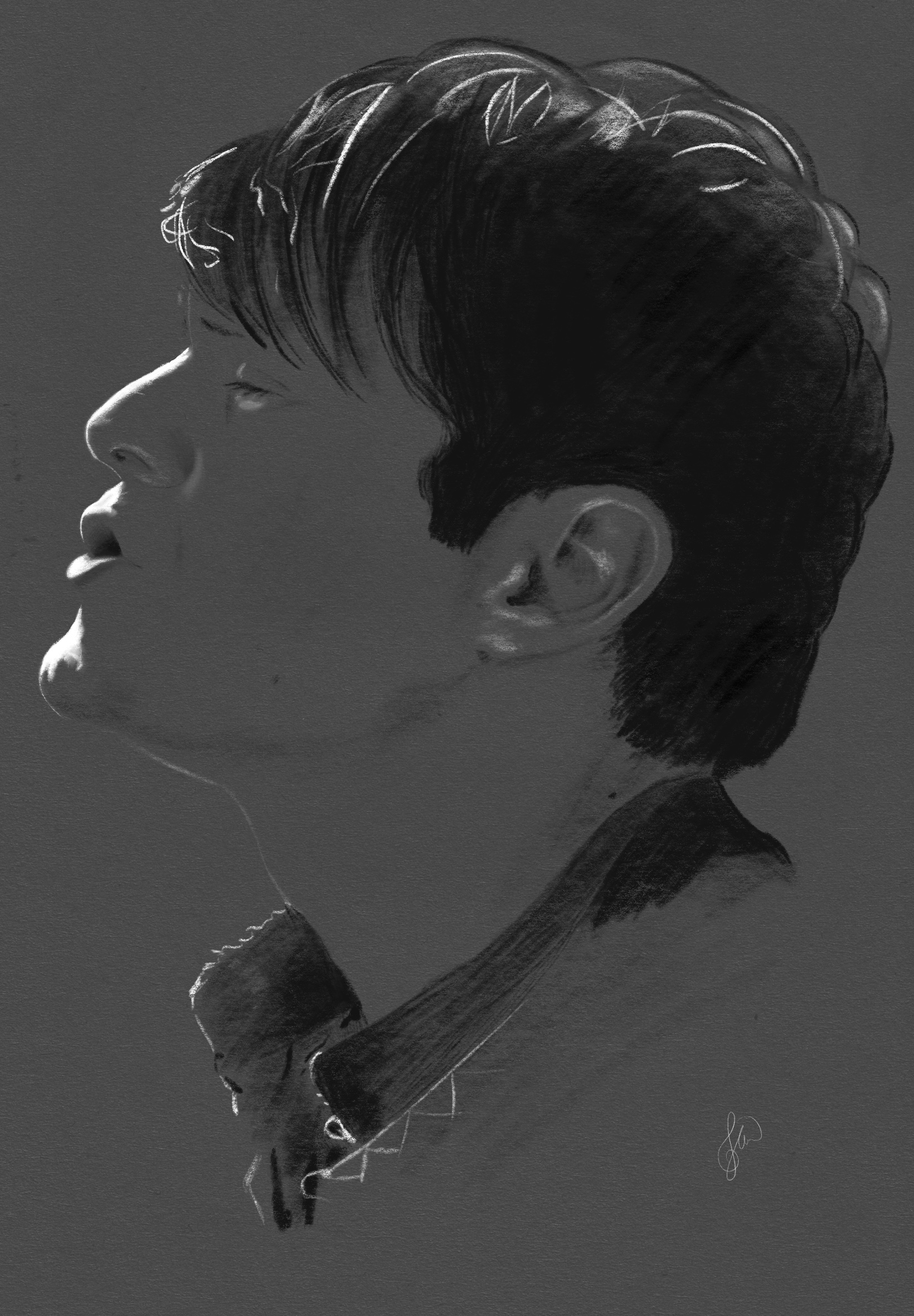 Jaskier as played by Joey Batey in The Witcher. Drawn in black and white on a grey background. Jaskier is singing and the light is catching his profile and wisps of his hair