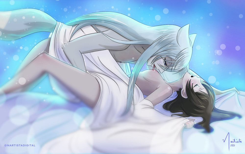 Tomoe licking Nanami's breast and fingering her under blankets