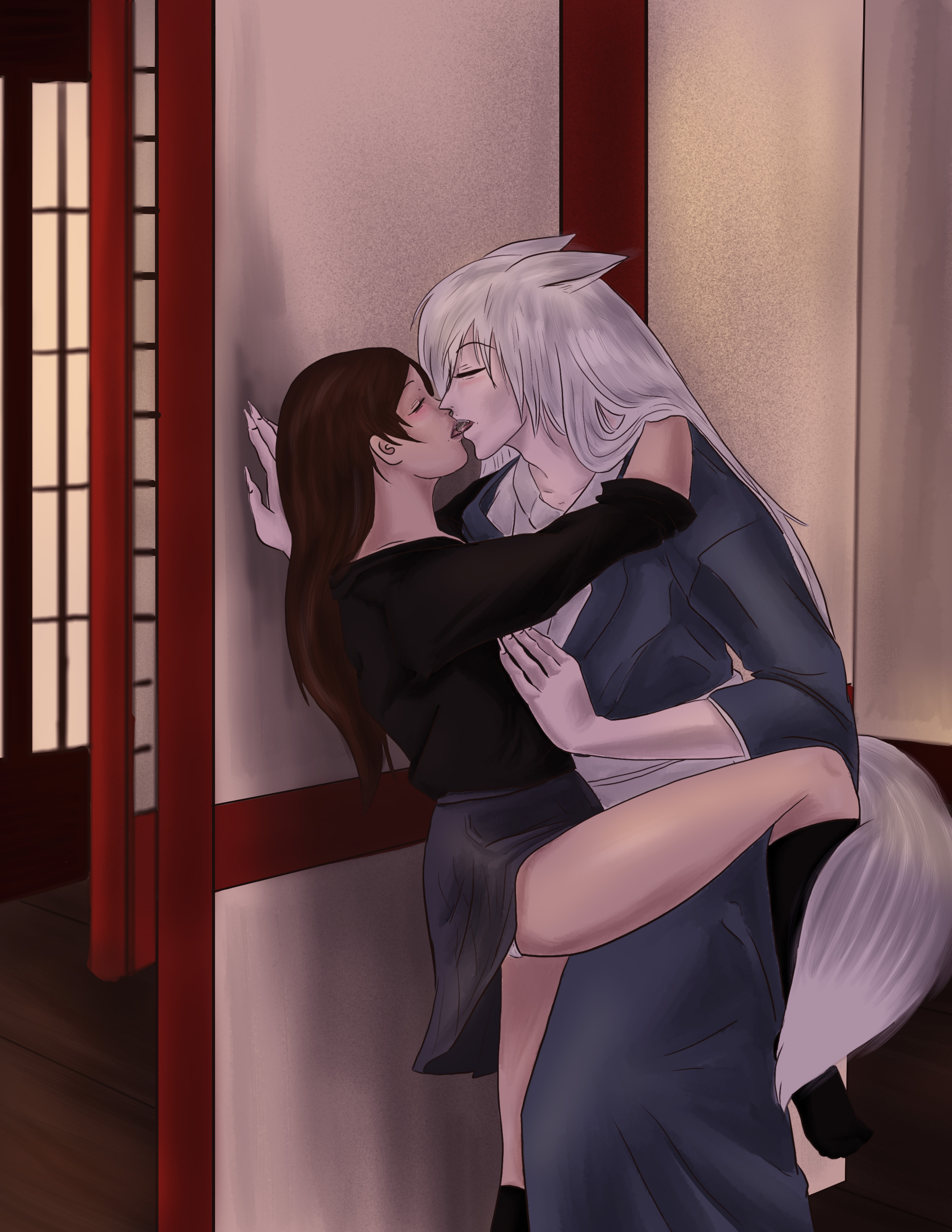 Tomoe pinning Nanami against the wall with his hand on her boob and her leg wrapped around him