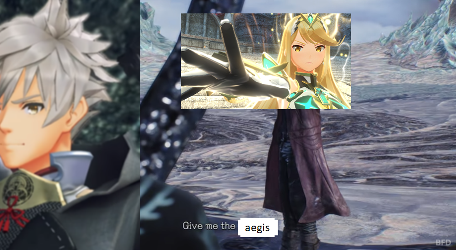 Image of Addam with Mythra reaching towards him captioned with "give me the aegis". This is an edit of a Devil May Cry meme with Vergil and Dante captioned "give me the son" instead of the actual text.
