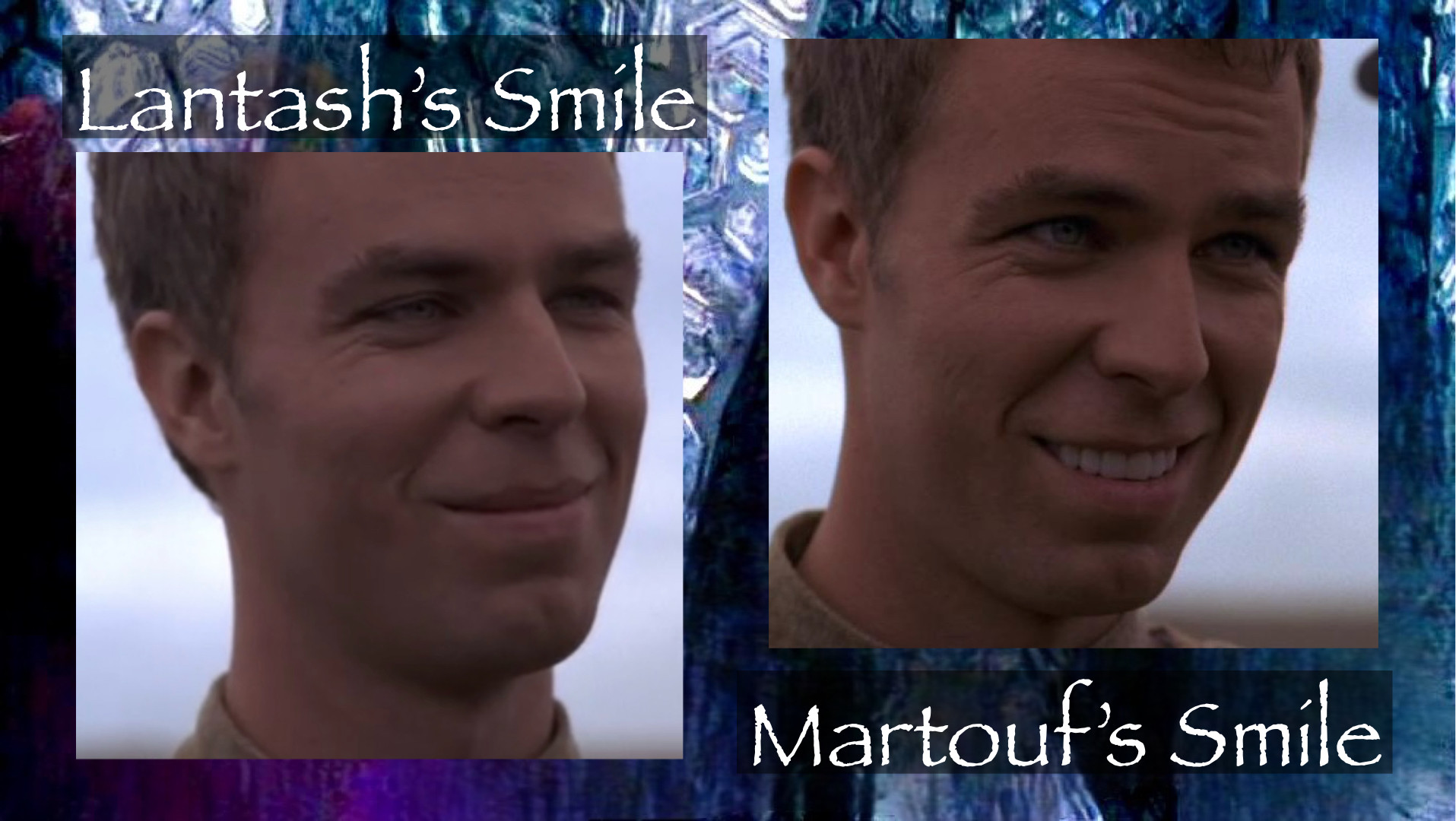 A photo comparison of Lantash and Martouf smiling.