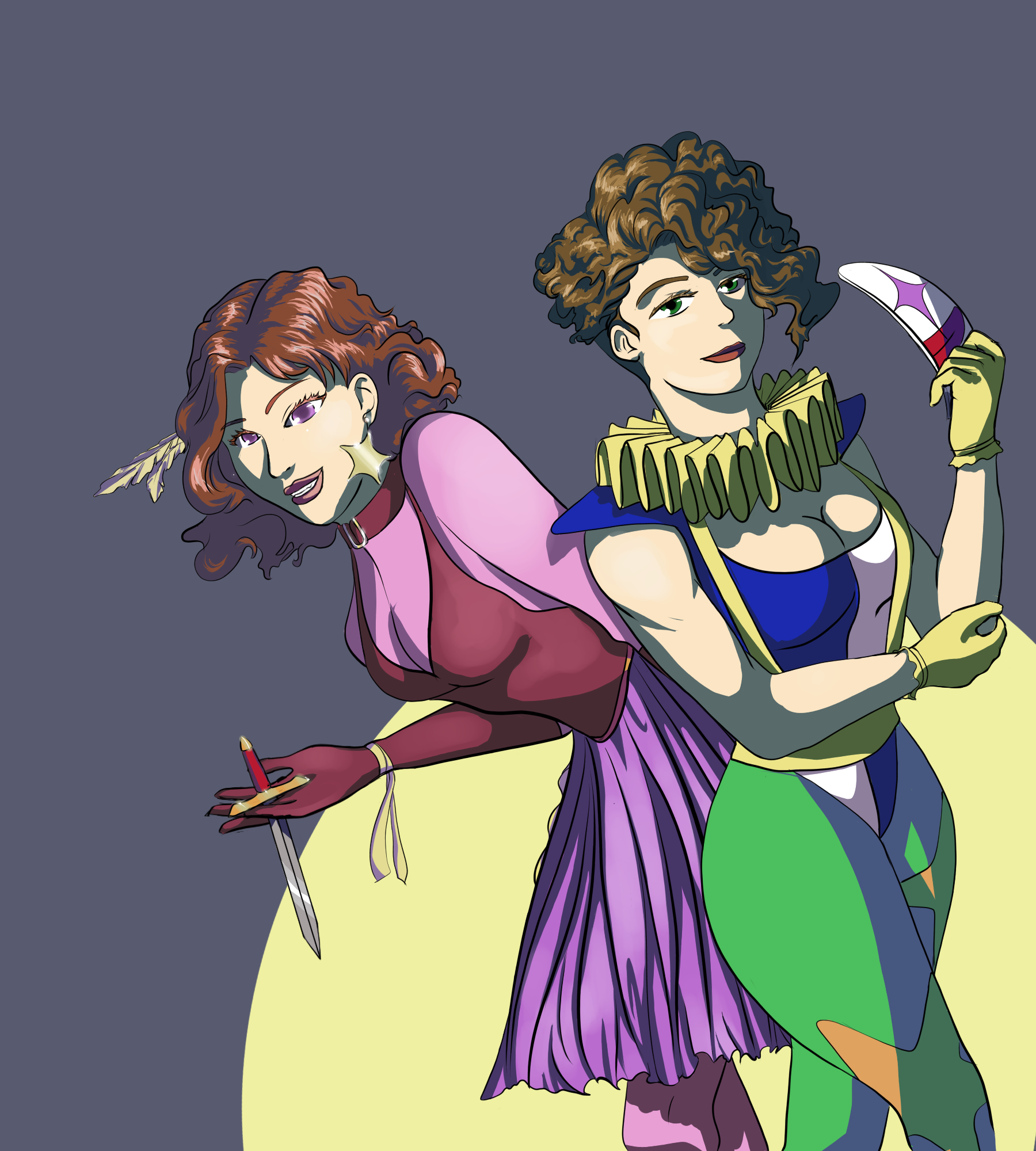 Catherine stands behind a woman with curly hair and clown clothes - it's Trowa after transitioning
