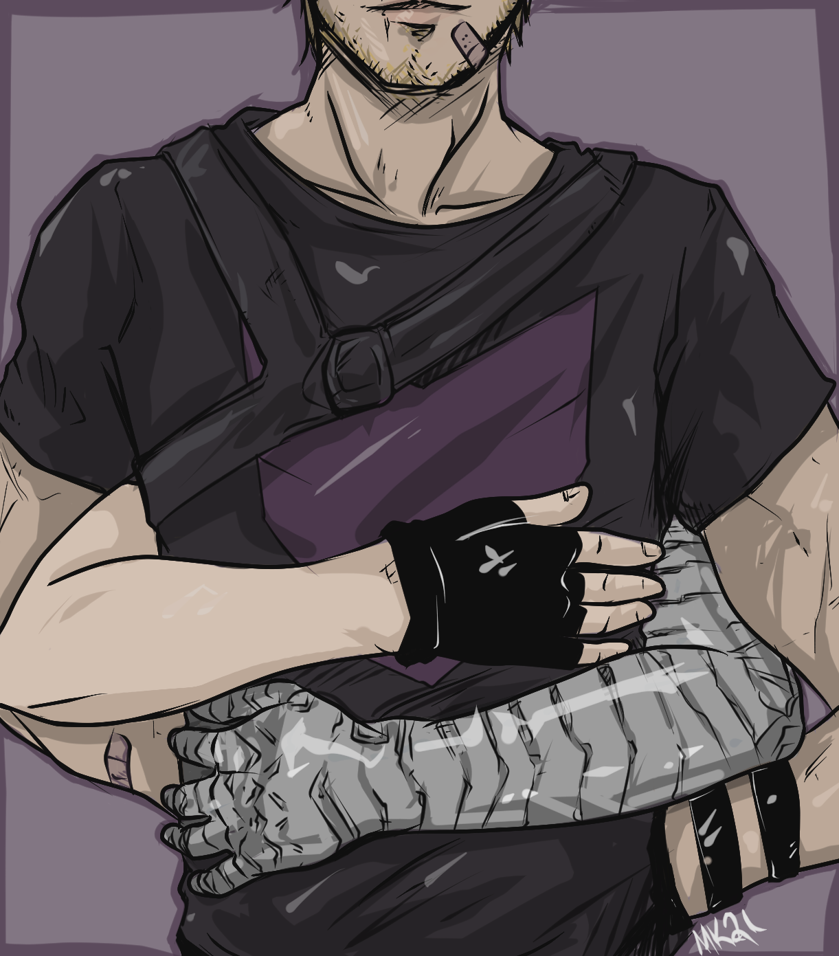 Clint Barton stands in front of Bucky Barnes. Clint's arms are behind his back, and Bucky's arms wrap around Clint's torso. 
