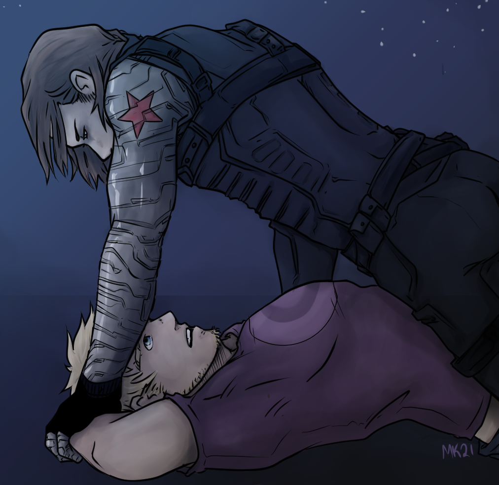 The Winter Solider is laying on top of Clint Barton, holding his arms down. There is snow in the dark purple night around them. 