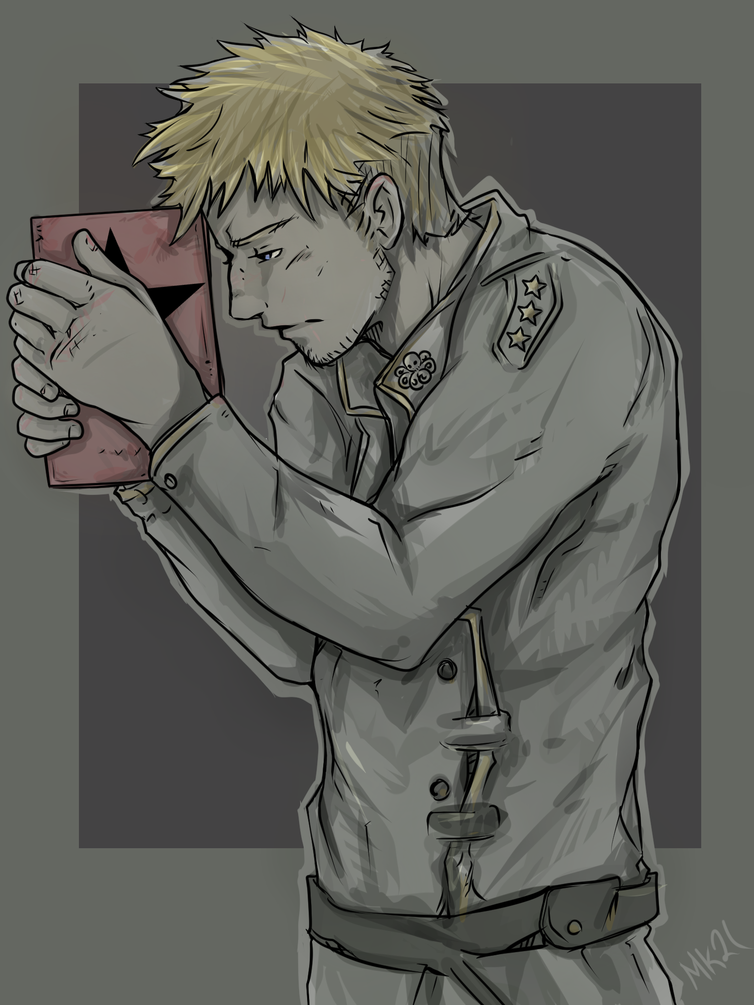 Dressed in a Hydra uniform, Clint holds the red book that contains the Winter Soldier's trigger words in between his hands. His expression is hopeless and defeated.  