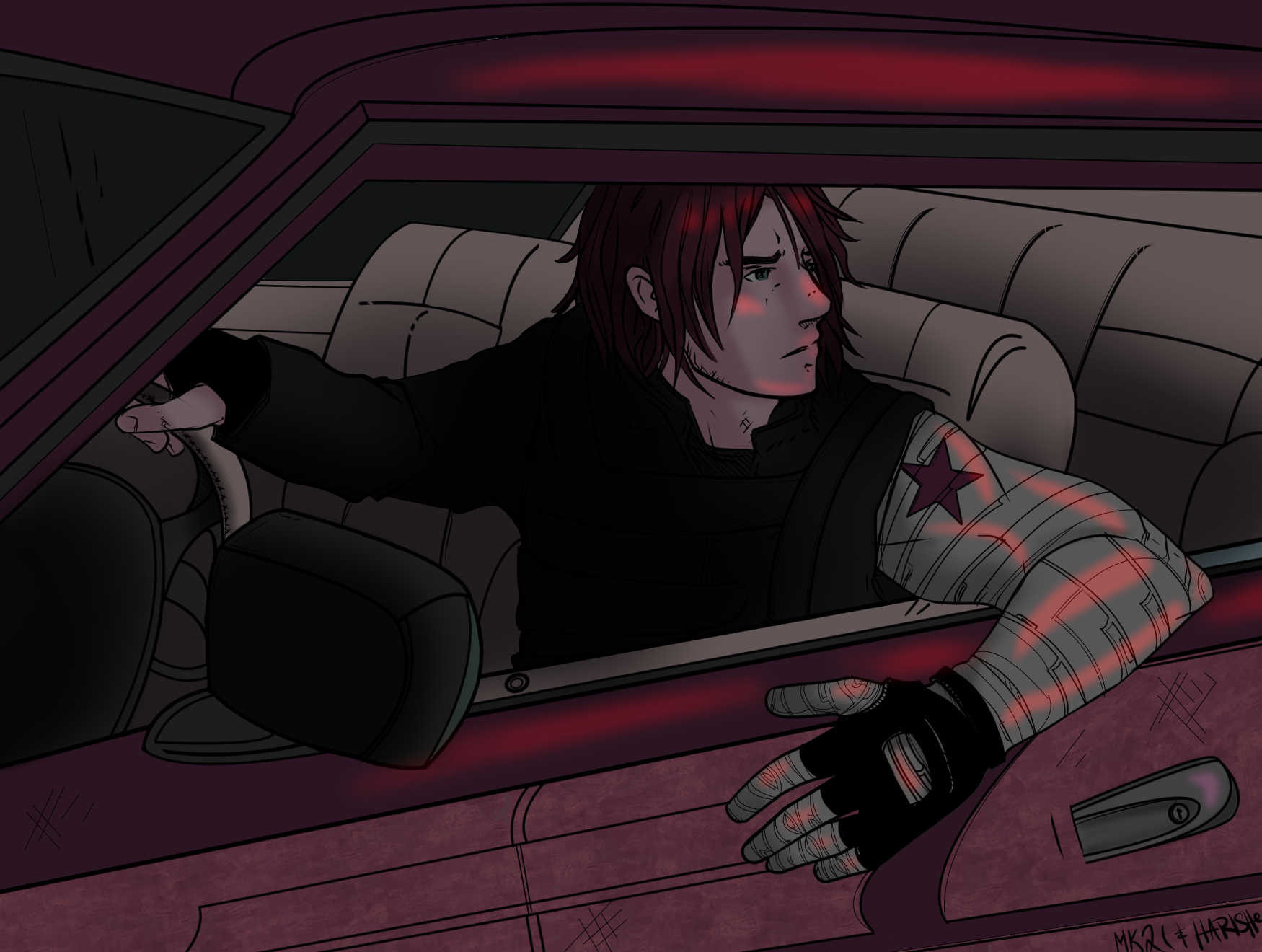The Winter Soldier looks out of the window of a burgundy station wagon. His arm reflects the street lamps from outside. 