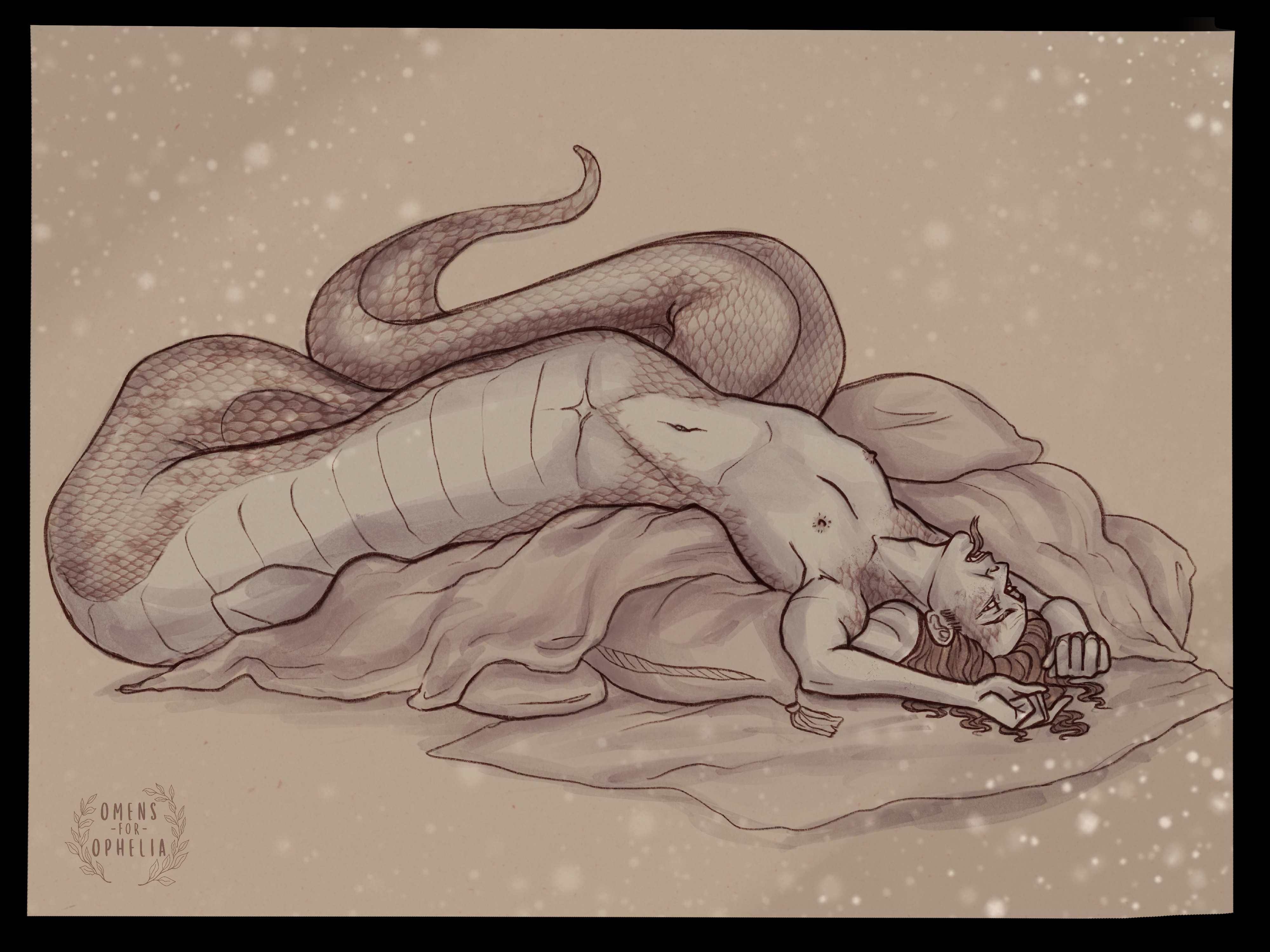 Slightly Not Safe for Work. Crowley is a naga, sprawled on his back atop a pile of cushions and blankets, hands over his head, mouth open and snake tongue extended. His upper half is human shaped with scales along his sides and across his shoulders and throat, along with some on his cheeks. His hair is shoulder length and pools onto the floor as he looks at the viewer. His lower half is a long snake tail, beginning the same width as his hips and tapering to a narrow point approximately 4 times as long as his upper body. The belly is covered with flat wide scales, the back is smaller textures scales and a ridge for the spine. The tip of the tail curls upward.