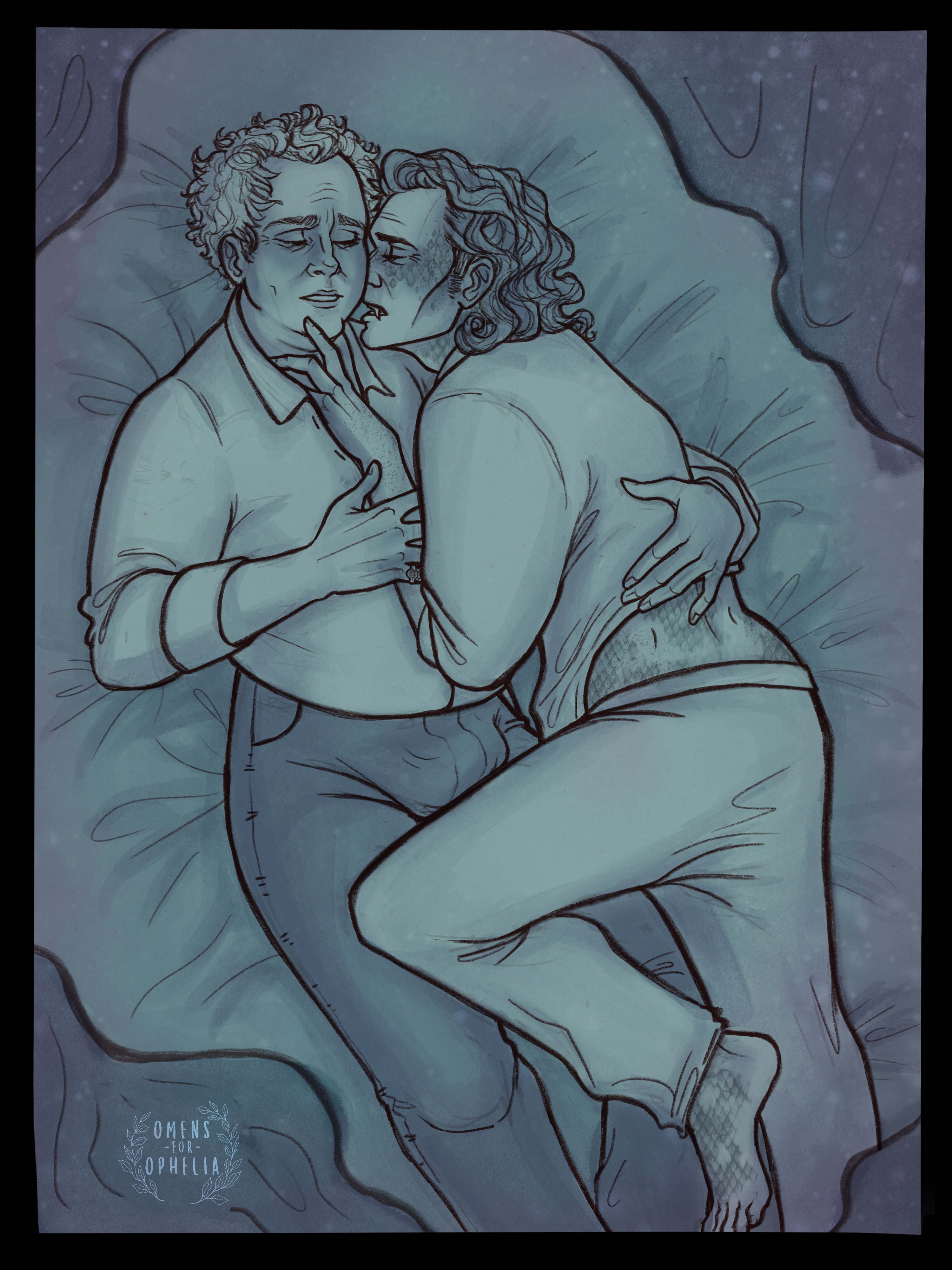 Slightly Not Safe for Work. Aziraphale and Crowley are cuddled under the covers, though we are looking down at them from within the blanket fort. Aziraphale is laid back with Crowley pressed up against his side. He has one arm around him, pushing up his silky pajama top to brush over the scales climbing up his lower back. His expression is flushed and concerned, because Crowley is pressed close and breathing in his scent at his neck, mouth open, snake fangs displayed. Crowley's hand is sliding into Aziraphale collar and he has his thigh thrown over Aziraphales, pressing into a prominent erection barely hidden by Aziraphales trousers.