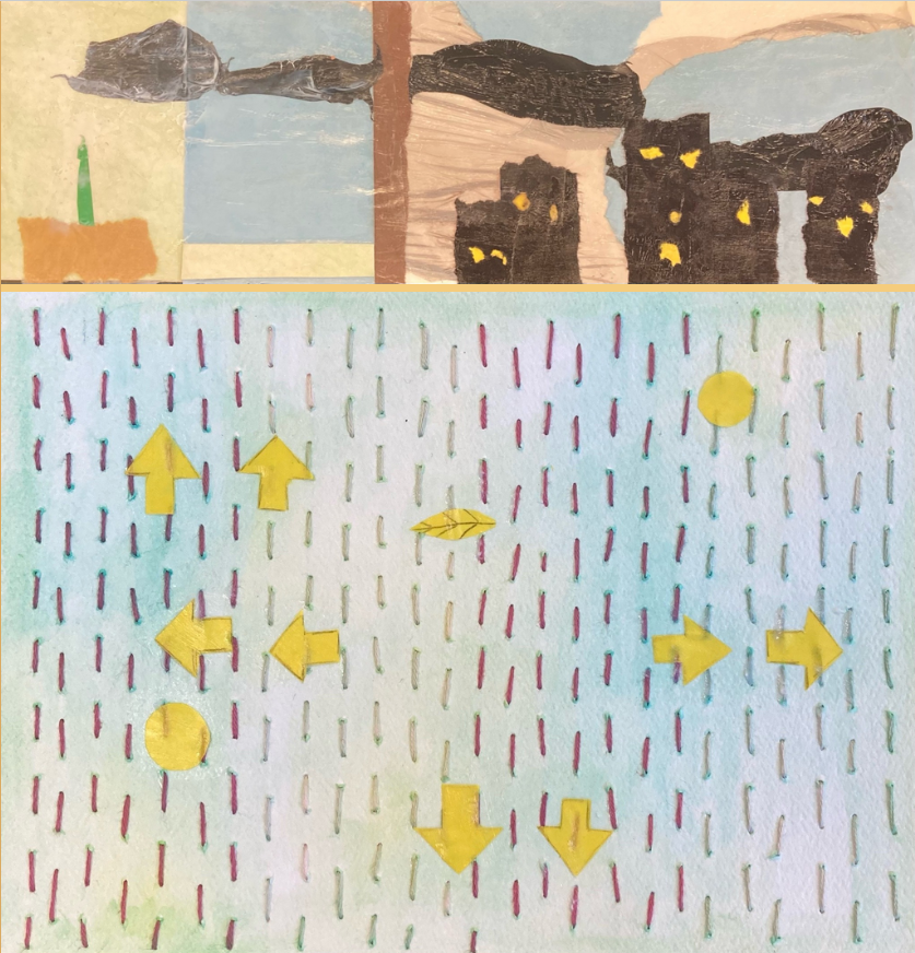 Abstract diptych of a cityscape collaged with plastic bags, and an embroidered piece of paper