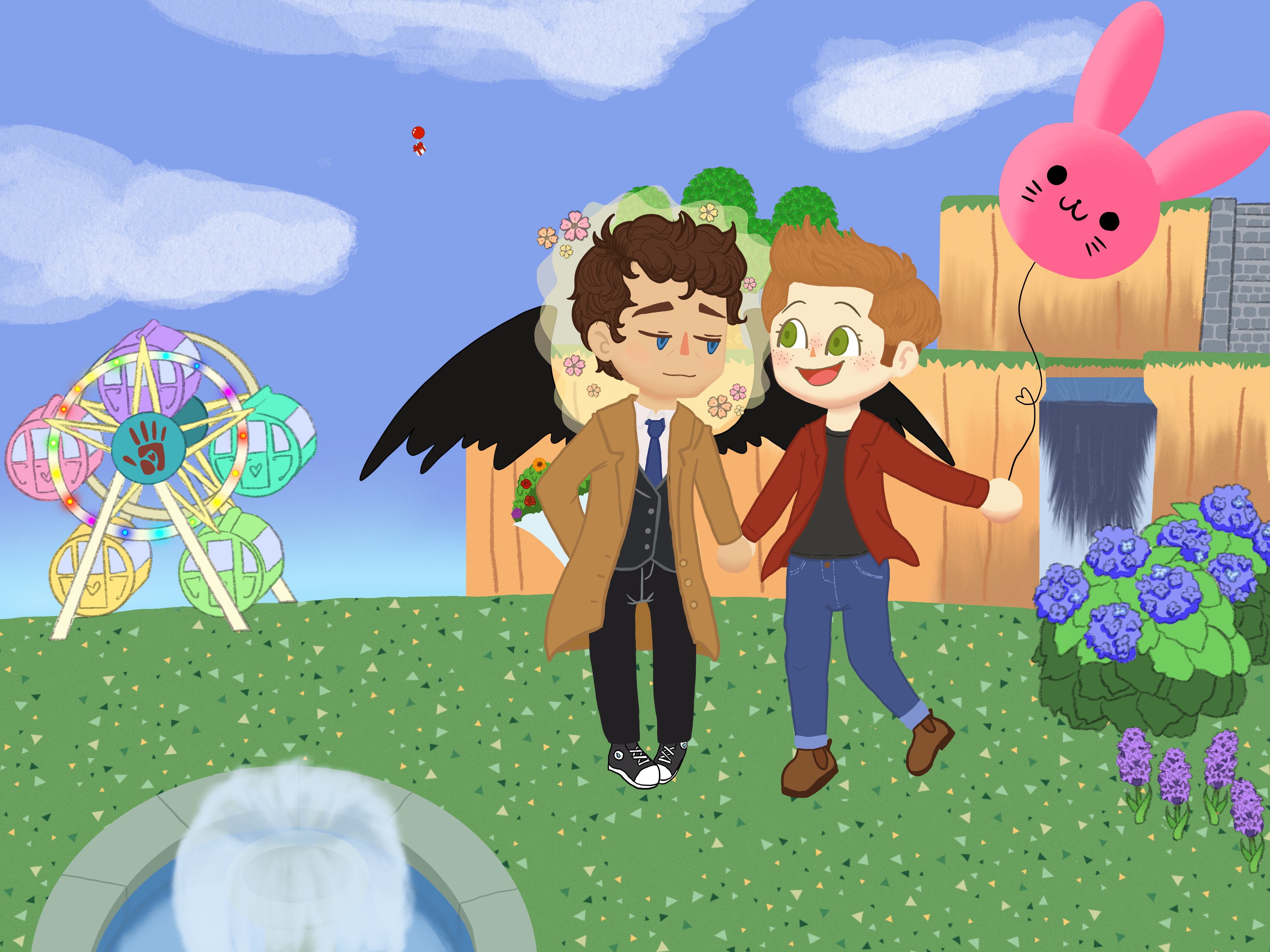 Cas and Dean holding hands. In the background is a ferris wheel, and Dean holds a pink bunny balloon.