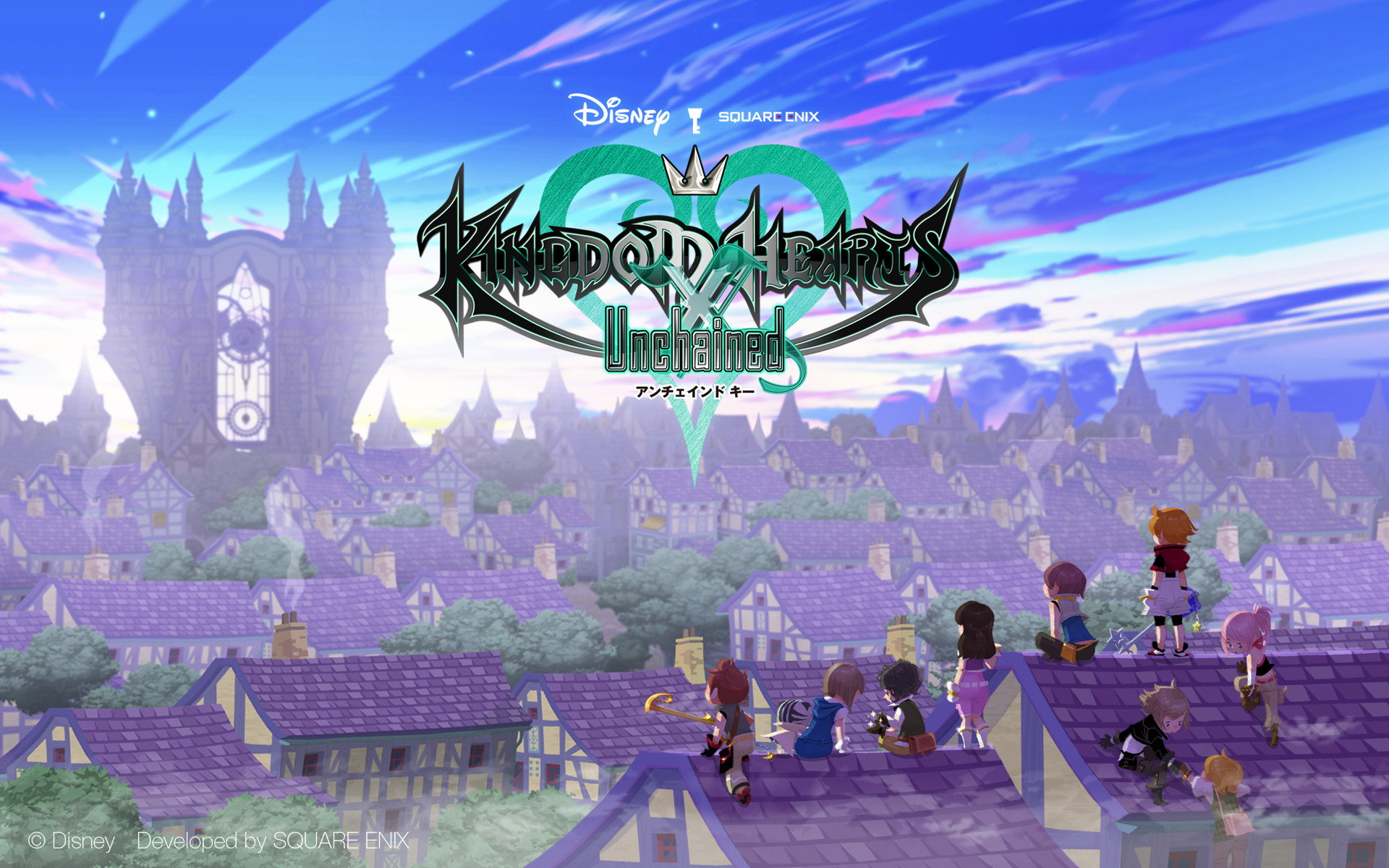 Screenshot of the title screen, which shows a dozen children with keyblades sitting ontop of the roofs of Daybreak Town with their chirithy companions. Daybreaktown is full of cream colored houses with lavendar rooftops. In the distance, a clocktower looms against the sunrise.
