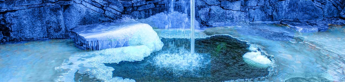 Banner. A pool with a small waterfall.