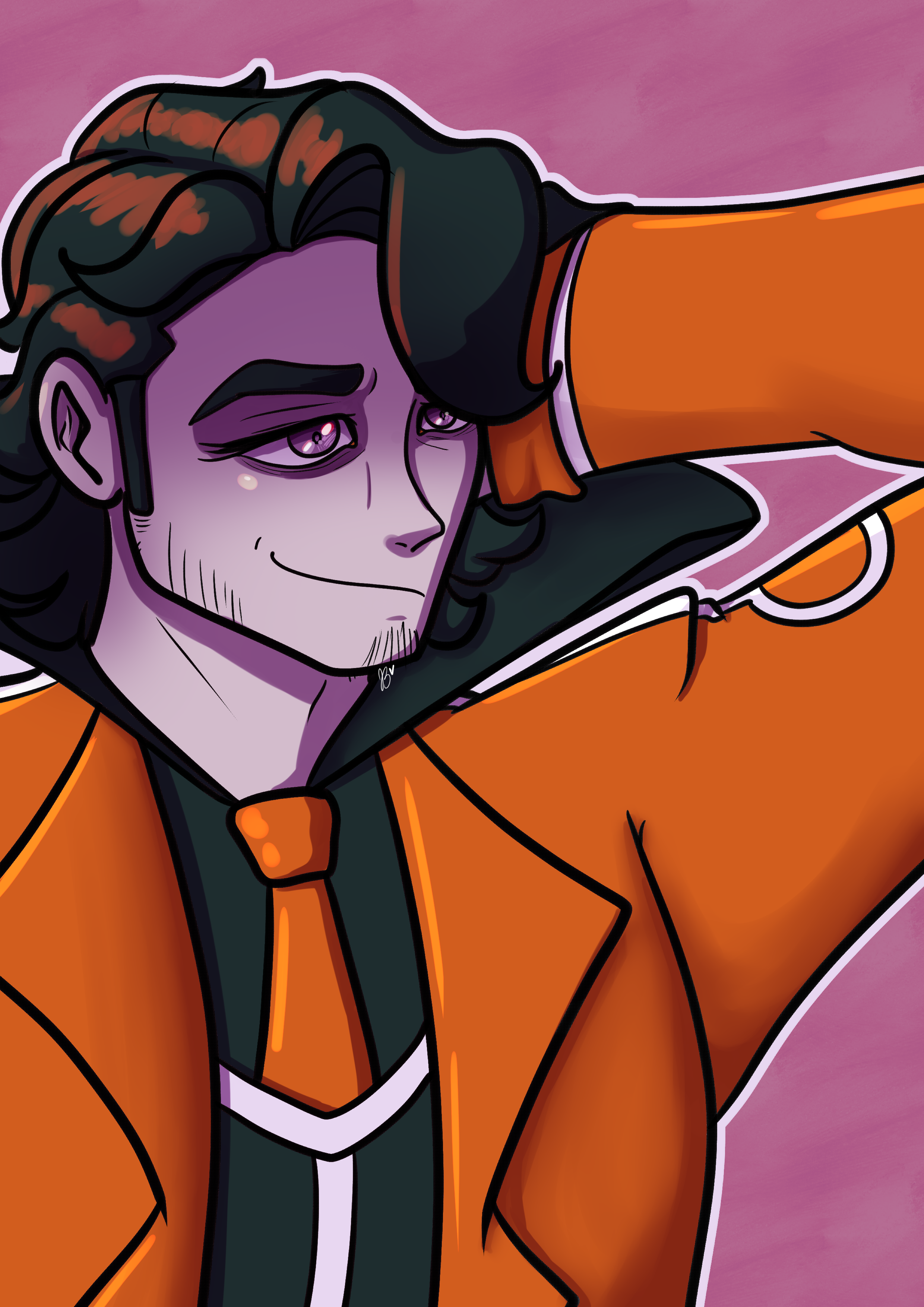 Digital drawing of Sycamore from Pokemon in a large overcoat and a shirt with white stripes and an oversized collar. Sycamore is smiling into the distance and slicking back his hair. The piece is colored in purple, orange, dark cyan, and cream.></myroot>