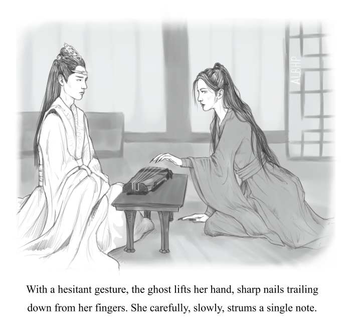 two figures sitting on either side of a zither