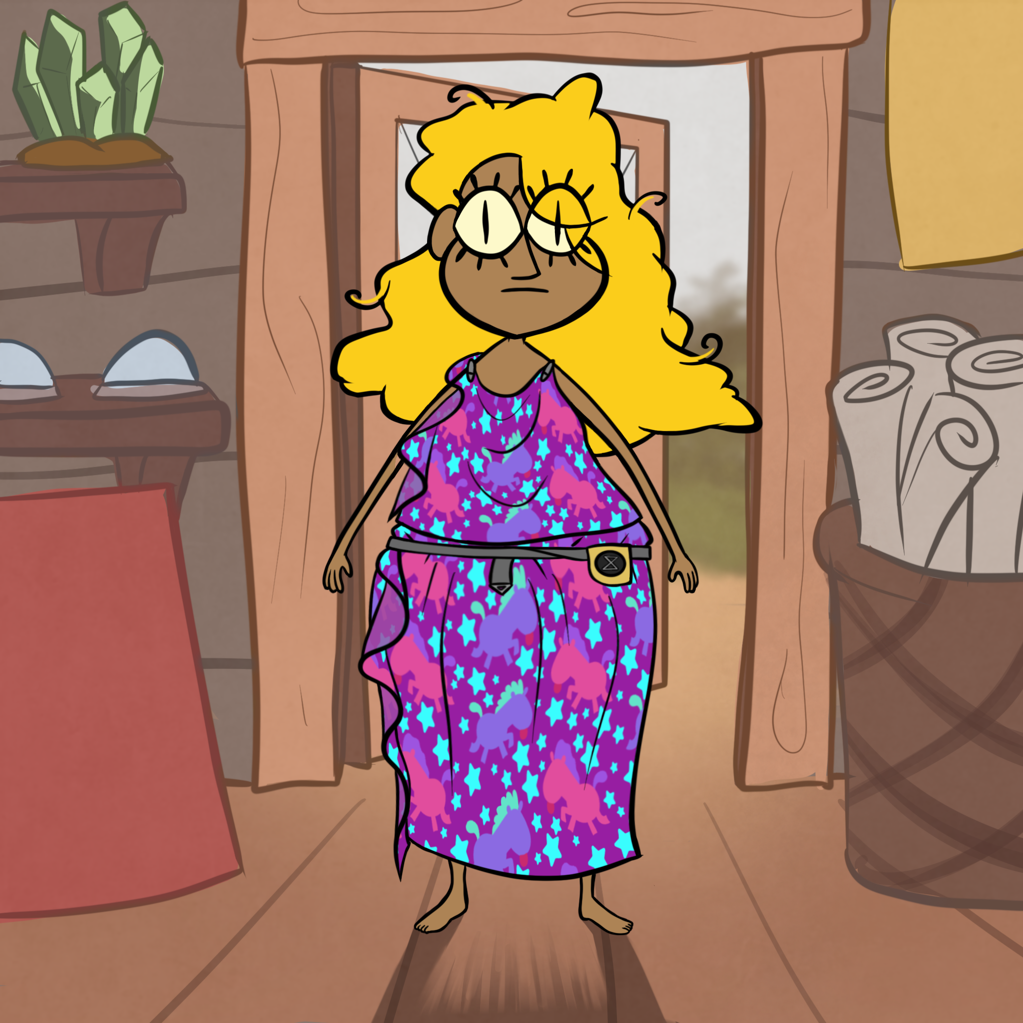 Human Bill Cipher standing just inside the open door of the Mystery Shack's gift shop, dressed as described above. The bedsheet is purple and covered in cyan stars and fat pink and indigo ponies. Bill is disconcertingly wide-eyed and looks kind of stunned and disheveled.