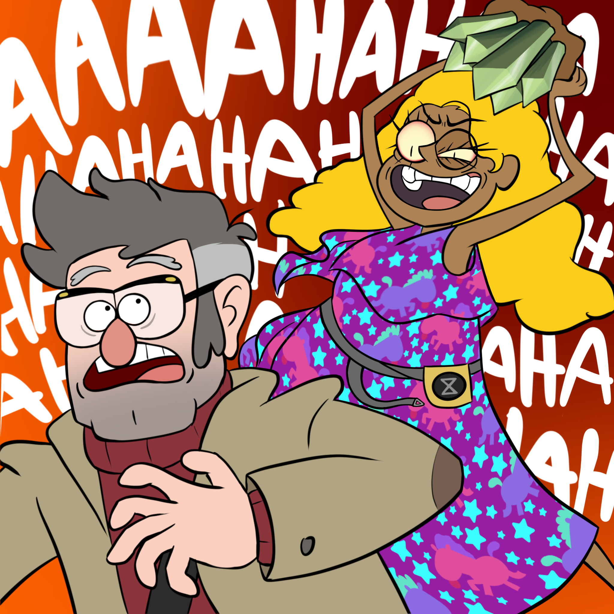 Human Bill Cipher, laughing evilly and maniacally, holding the green "crystal" statue as described above, while Ford standing in front of him is just starting to turn toward Bill with an expression of shock and fear.