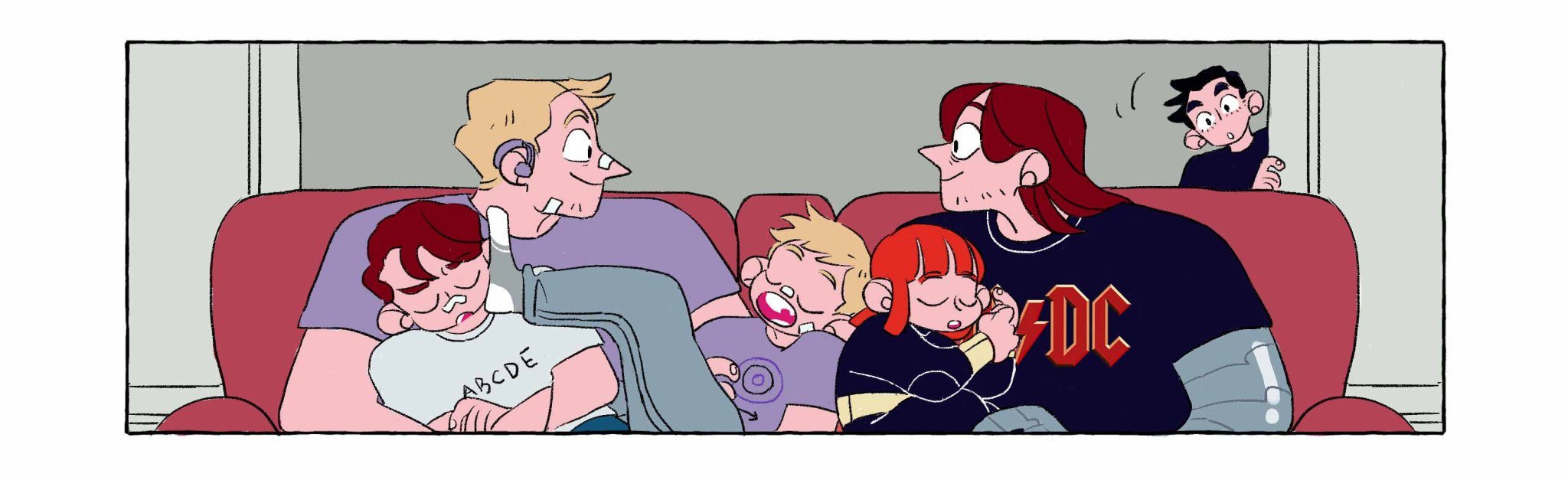 Clint and Bucky are looking at each other on a couch. Stretched out on their laps, Barney is being kicked in the face by a sleepy CB, and Tasha is beside them. Behind the couch, Tony is poking his head in the doorway. 