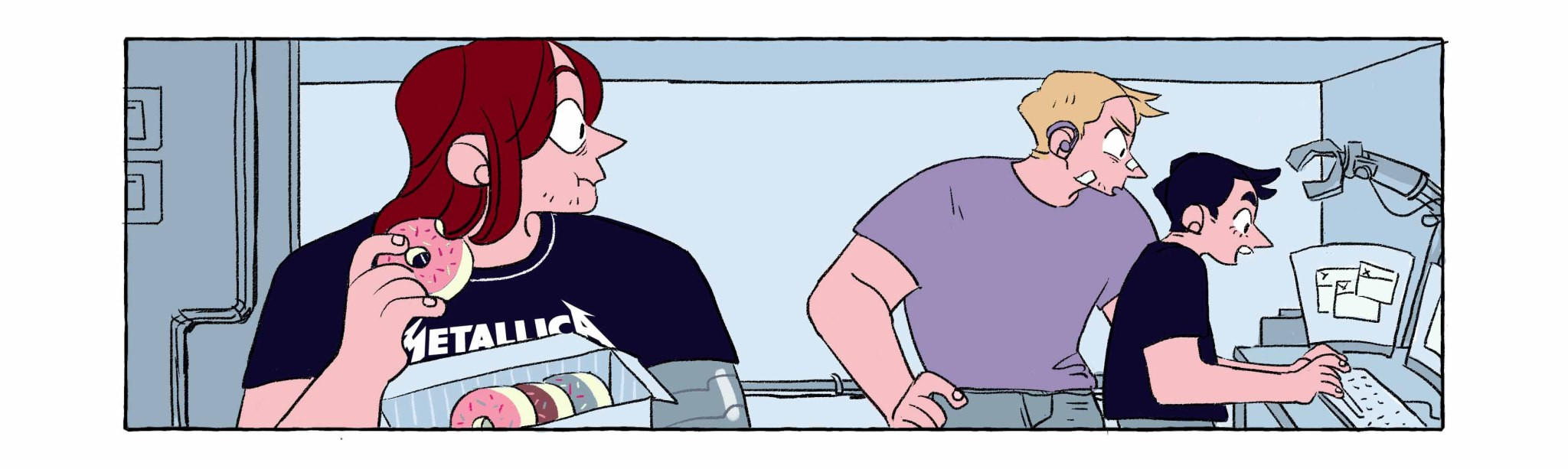 Bucky is holding a box of donuts. He is wearing a Metallica shirt. Behind him, Tony and Clint are looking at a computer and arguing about something