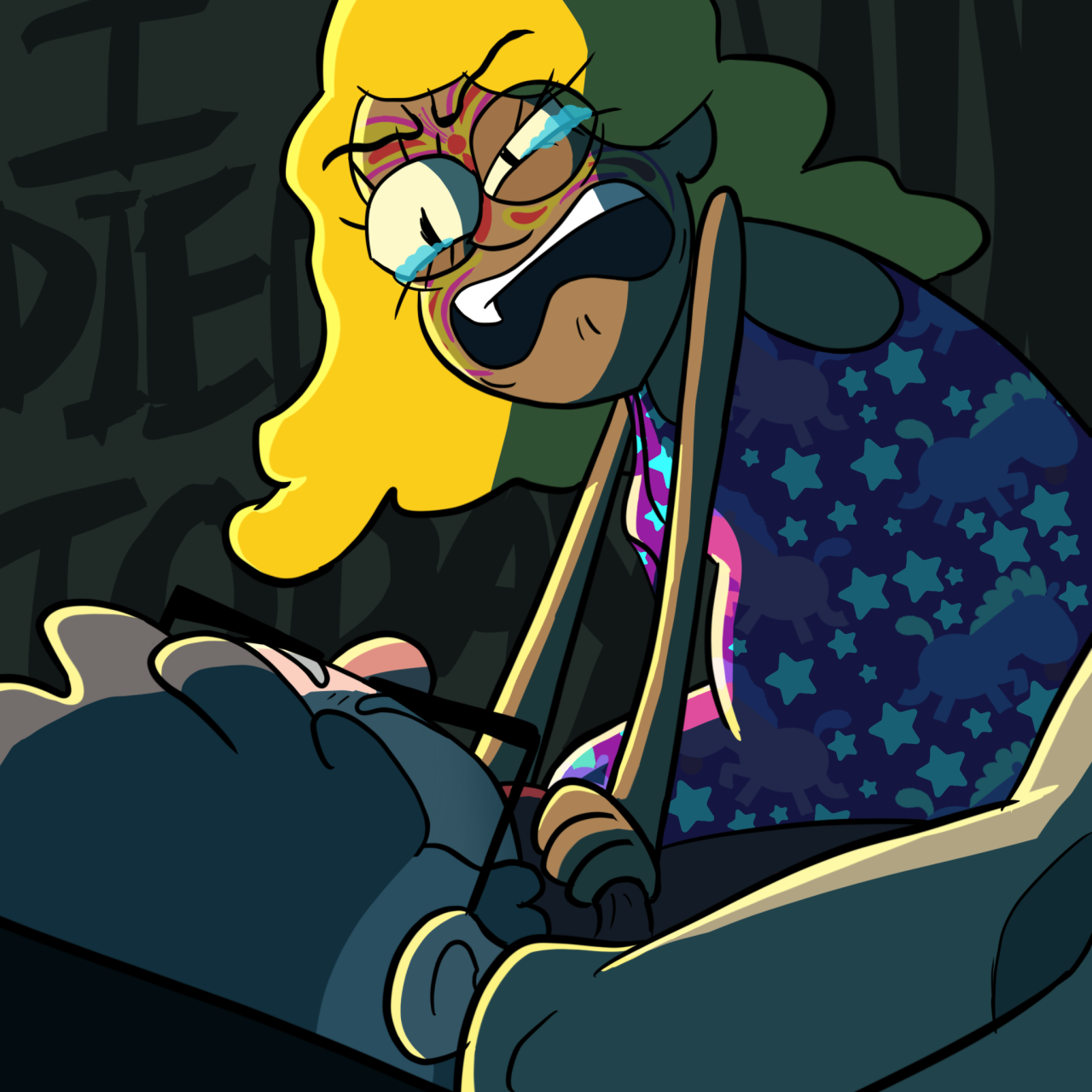 Digital illustration of human Bill Cipher, furious and on the verge of tears, sitting on Ford Pines, who's been knocked to the ground. Bill's gripping his collar and shouting at him "I DIED TODAY"