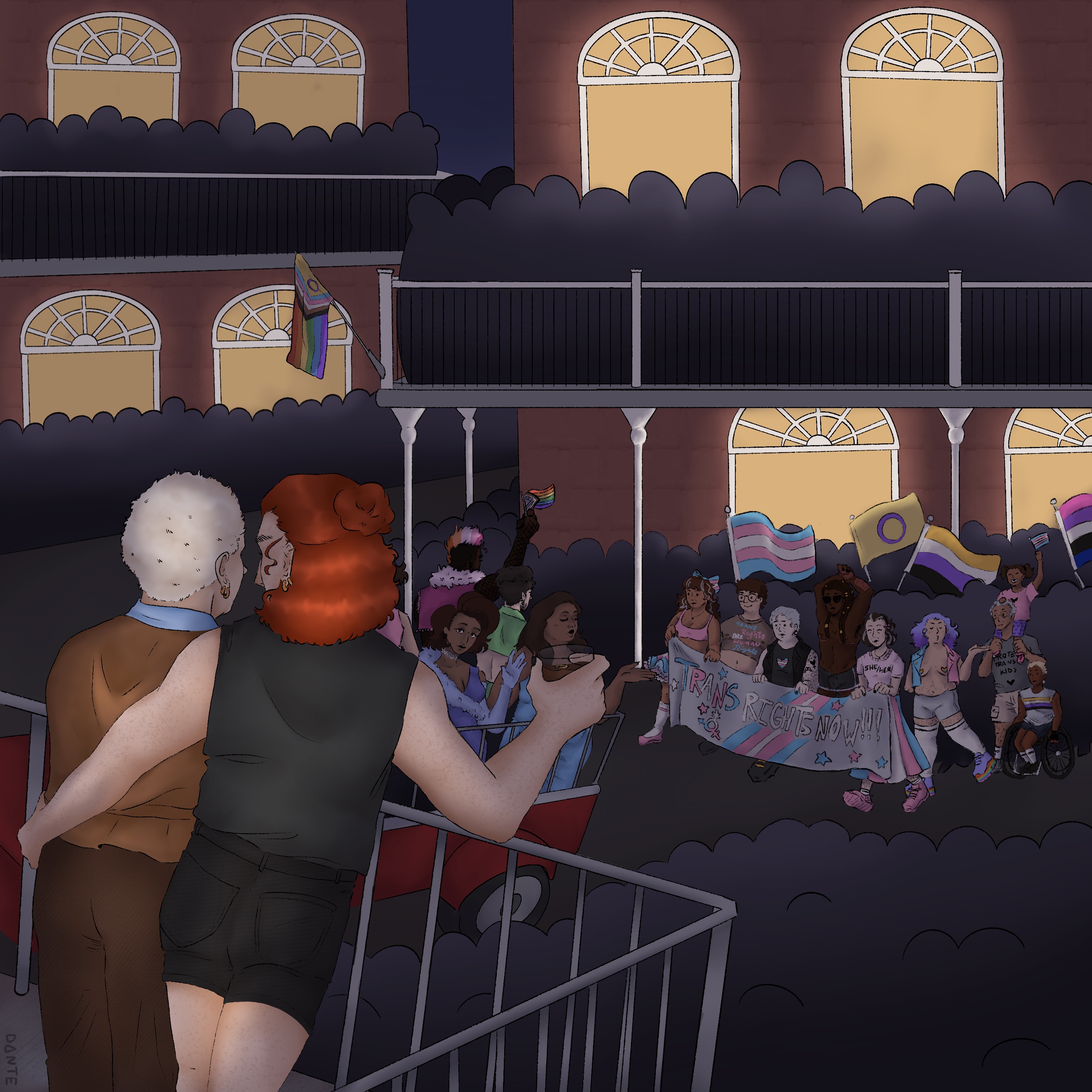 Crowley and Aziraphale stand side-by-side with their backs toward the viewer, watching the trans contingent of the pride parade below. The scene is bathed in twilight purples and warm, glowing yellow light. 