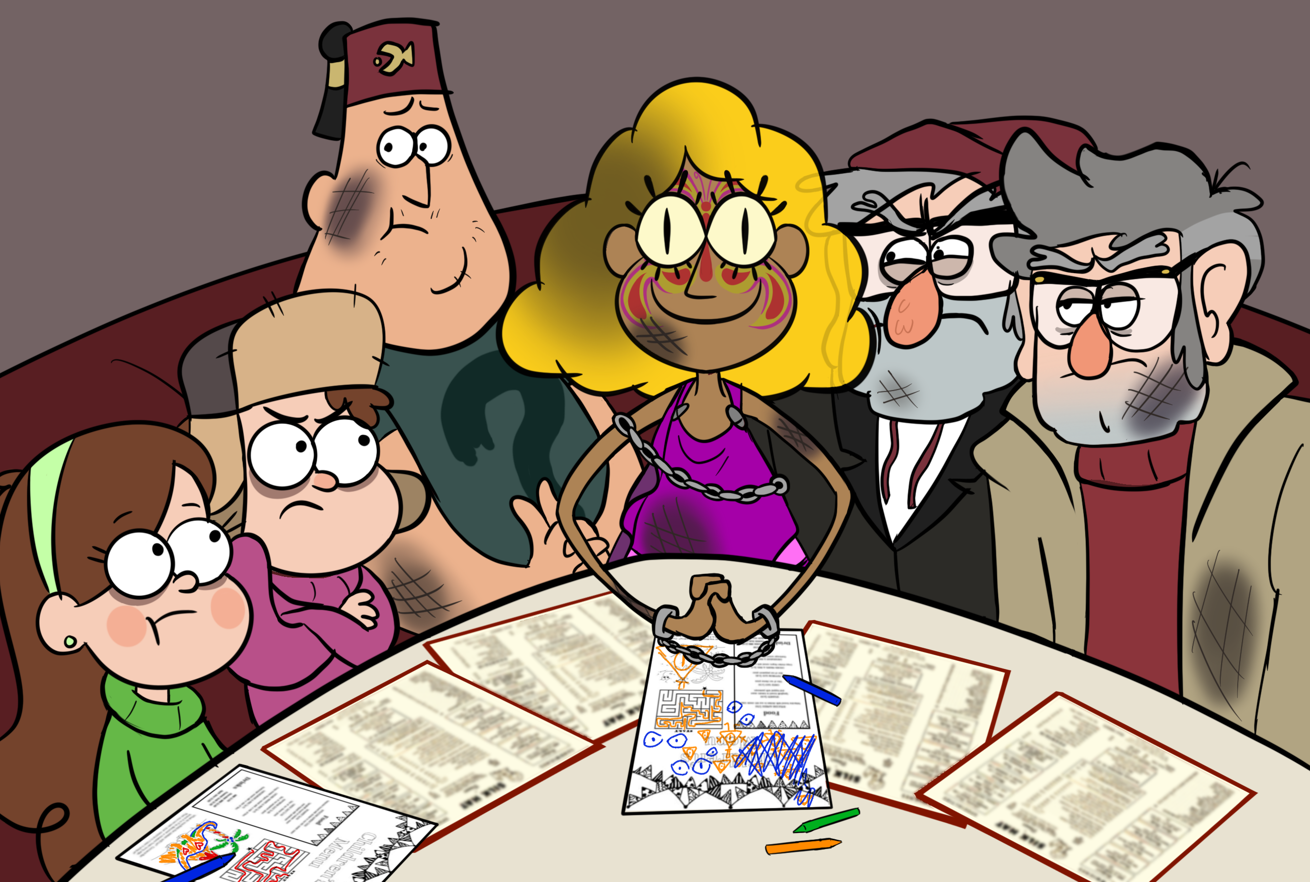 A drawing of, from left to right, Mabel Pines, Dipper Pines, Soos Ramirez, human Bill Cipher, Grunkle Stan, and Grunkle Ford sitting in a round booth around a table. Everyone looks some mix of grumpy or nervous except for Bill, who's sitting with his hands laced on the table and smiling widely. Soos, Bill, Stan, and Ford are all covered with bruises and scuffs, although Bill is the most beat up. Mabel, Dipper, Stan, and Ford all have tired bags under their eyes. On the table everyone has a menu; Mabel and Bill have children's menus, which they've both drawn and colored on. (Bill's is covered in drawings of himself.) Bill has a chain around his chest and his wrists are handcuffed. Bill is wearing a purple toga and there's a red and yellow butterfly drawn on his face.