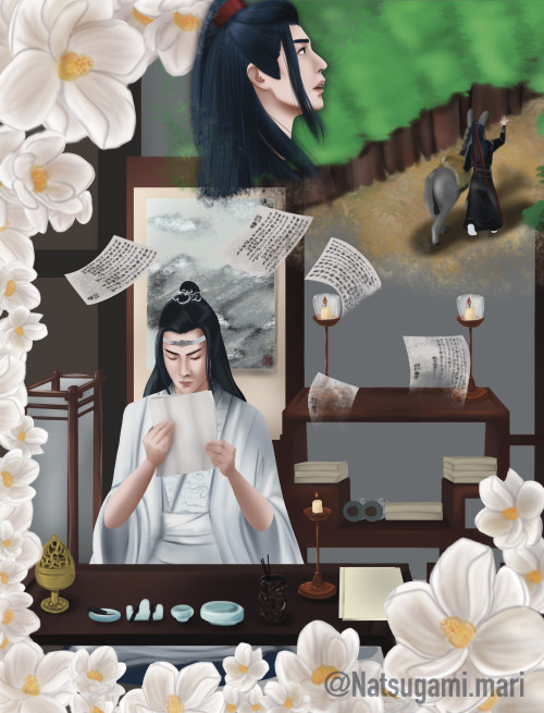 A digital drawing showing Lan Wangji at his desk reading a letter from Wei Wuxian. He is surrounded by scenes showing Wei Wuxian during his travels. The drawing is decorated with magnolia flowers.