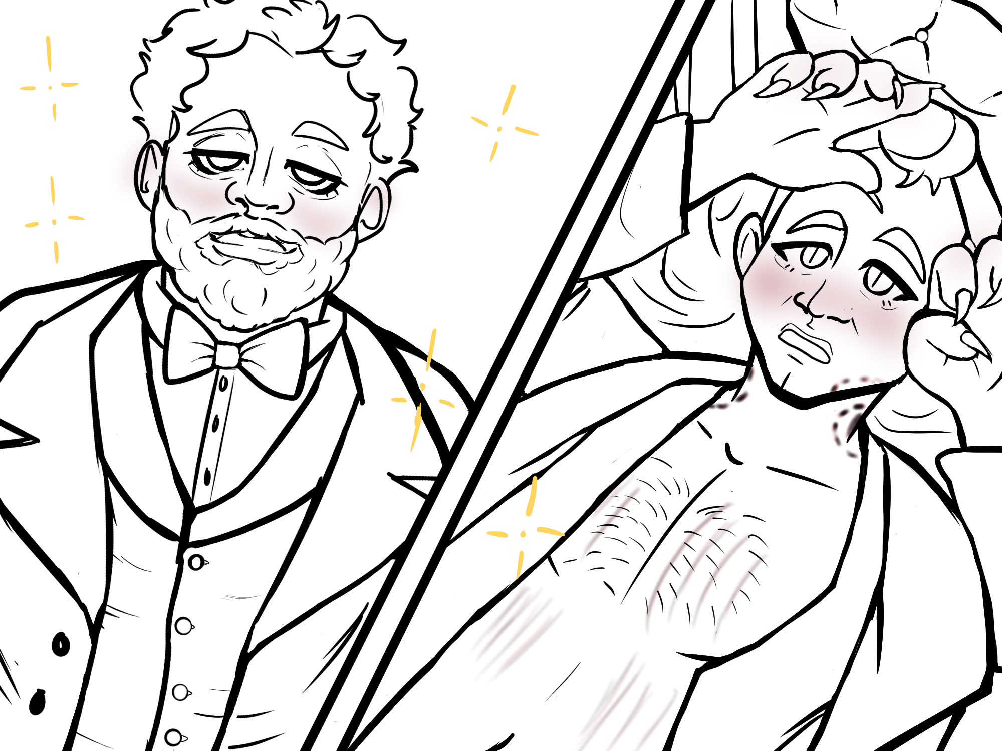 A two-panel fanart. The left panel looks up at Aziraphale from Crowley’s perspective, fully dressed with a beard. The second looks down at Crowley from Aziraphale’s. Crowley is laying down on the couch with his vest and shirt open, no scarf, and bite-marks on his neck and jaw.