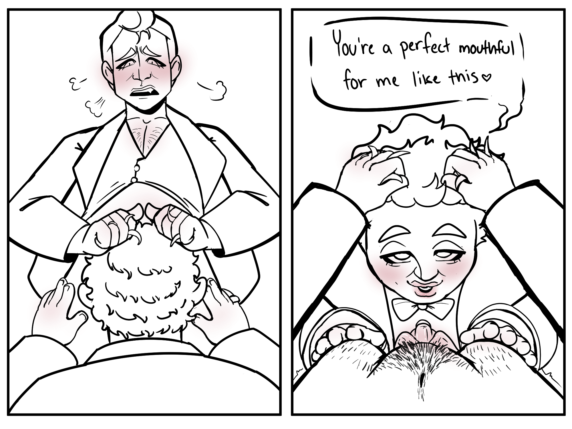 A two-panel fanart. The first panel looks up at Crowley from behind Aziraphale’s head, blushing with his hands in Aziraphale’s hair. The second panel looks down at Aziraphale from Crowley’s point of view, as says, You’re a perfect mouthful for me like this.