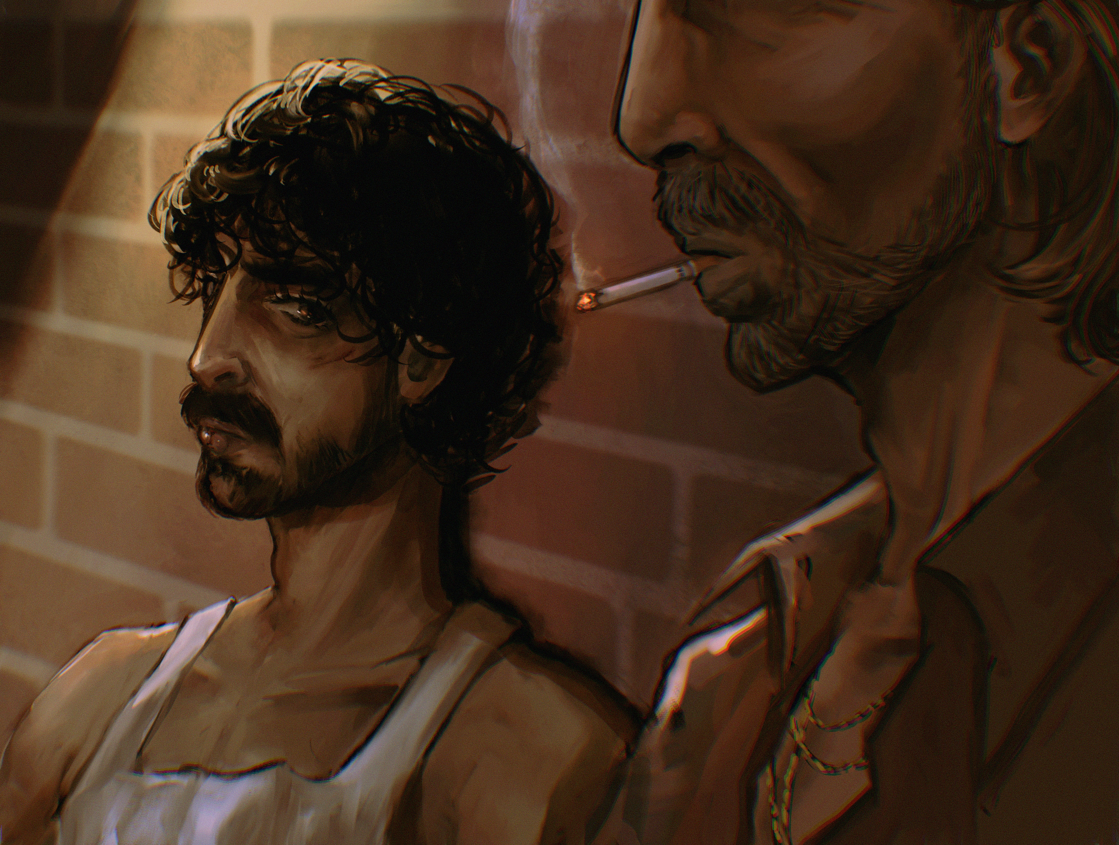 Kid staring at Tiger smoking a cigarette