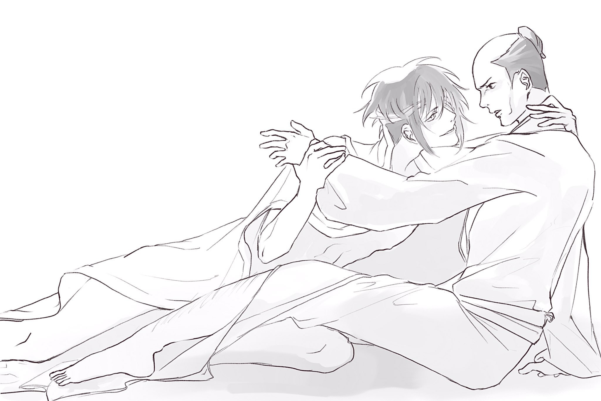 Takasugi climbing over a sitting Takechi, holding him by the wrist and the back of his neck as Takechi stares back at him with a befuddled expression